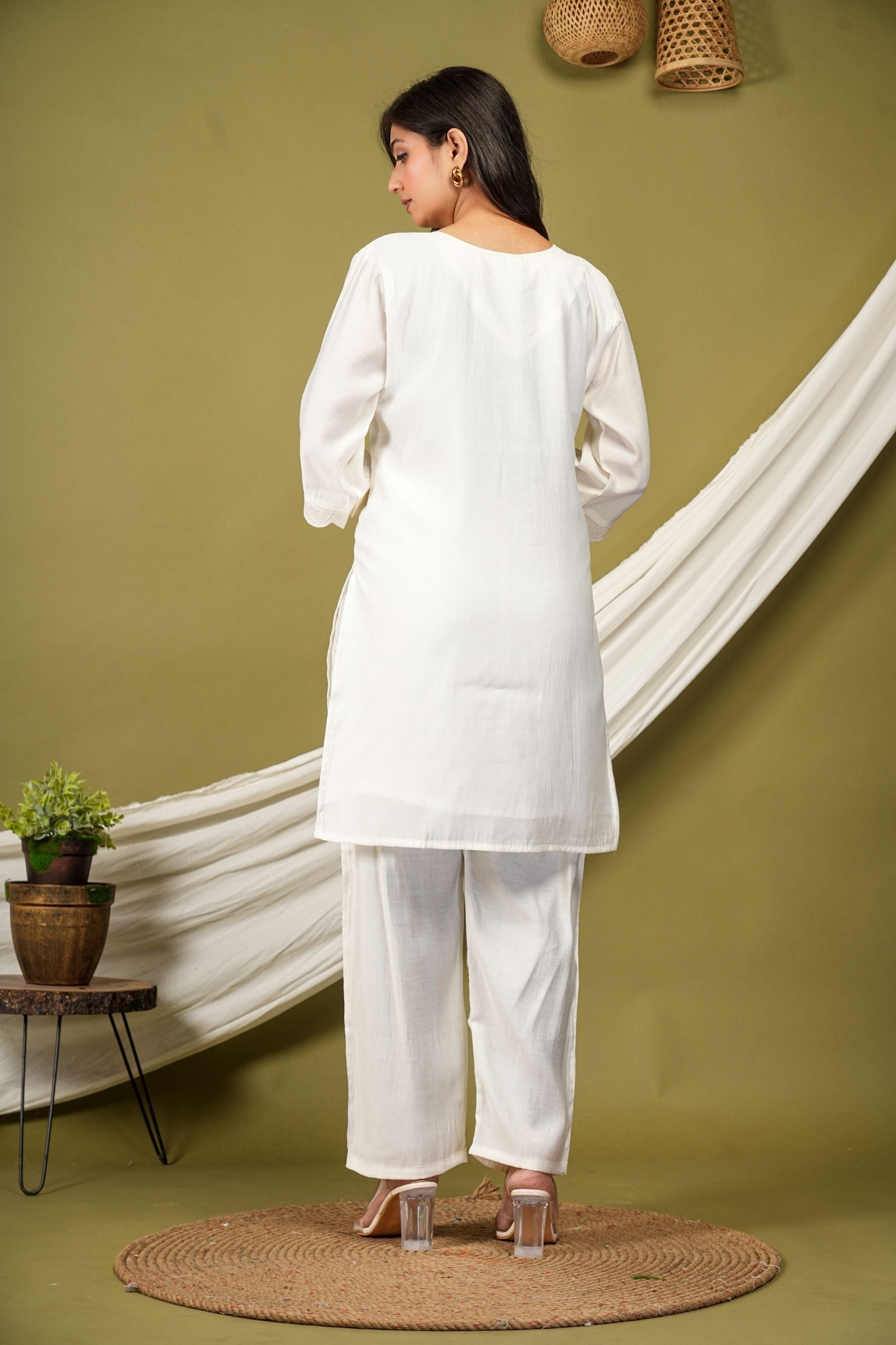 Elegant White Floral Appliqué Cotton Co-ord Set