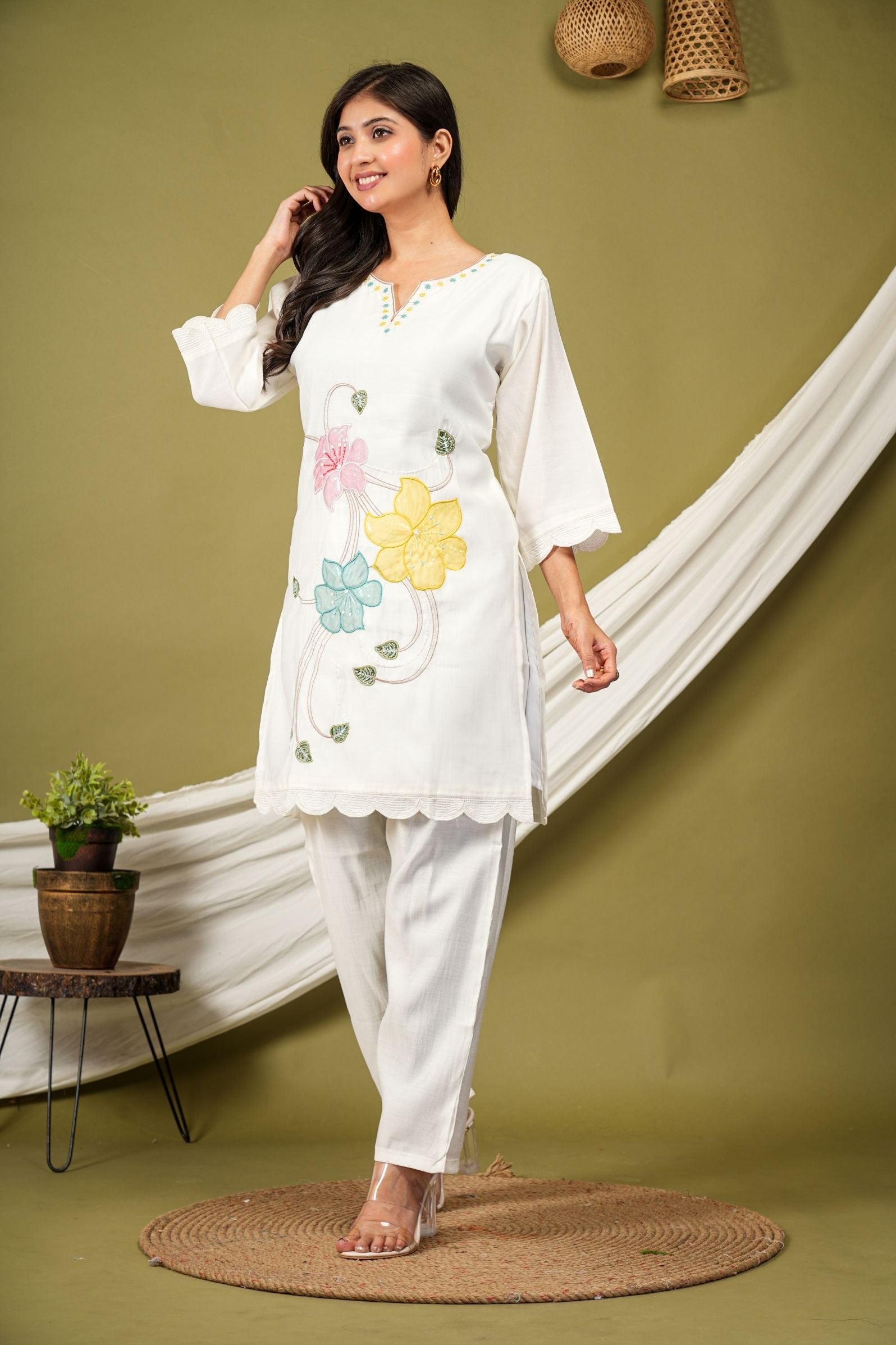 Elegant White Floral Appliqué Cotton Co-ord Set
