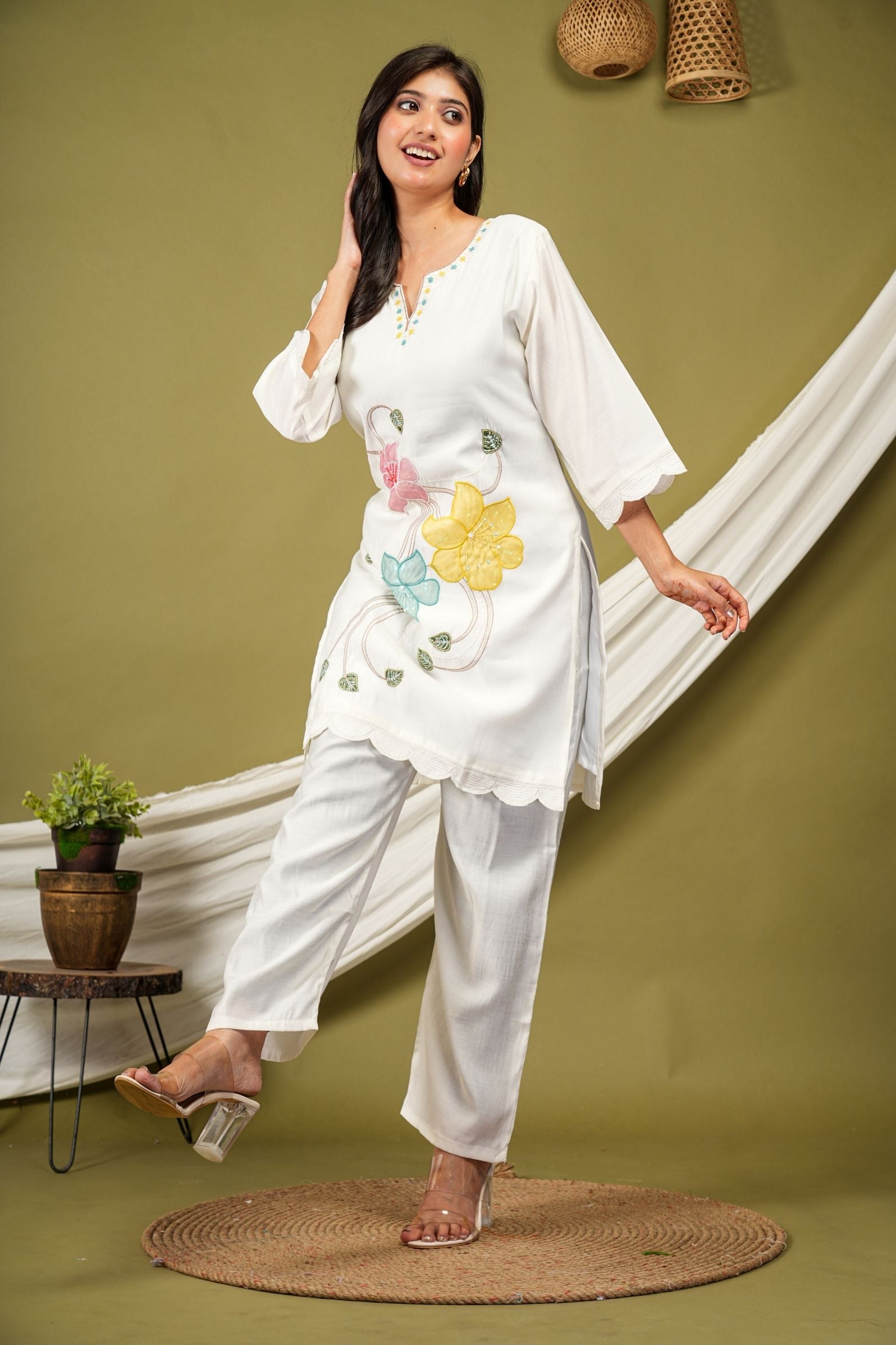 Elegant White Floral Appliqué Cotton Co-ord Set