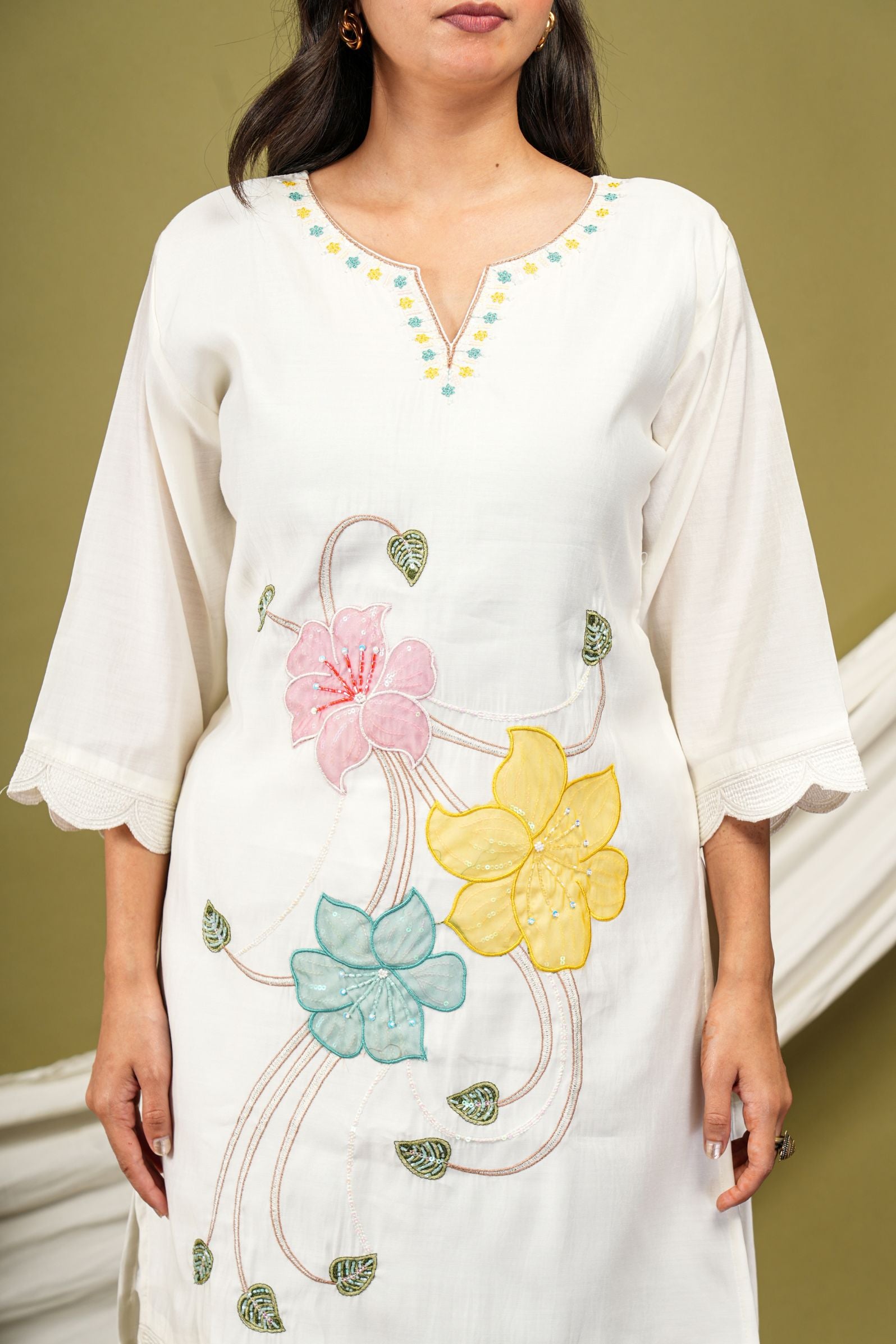 Elegant White Floral Appliqué Cotton Co-ord Set