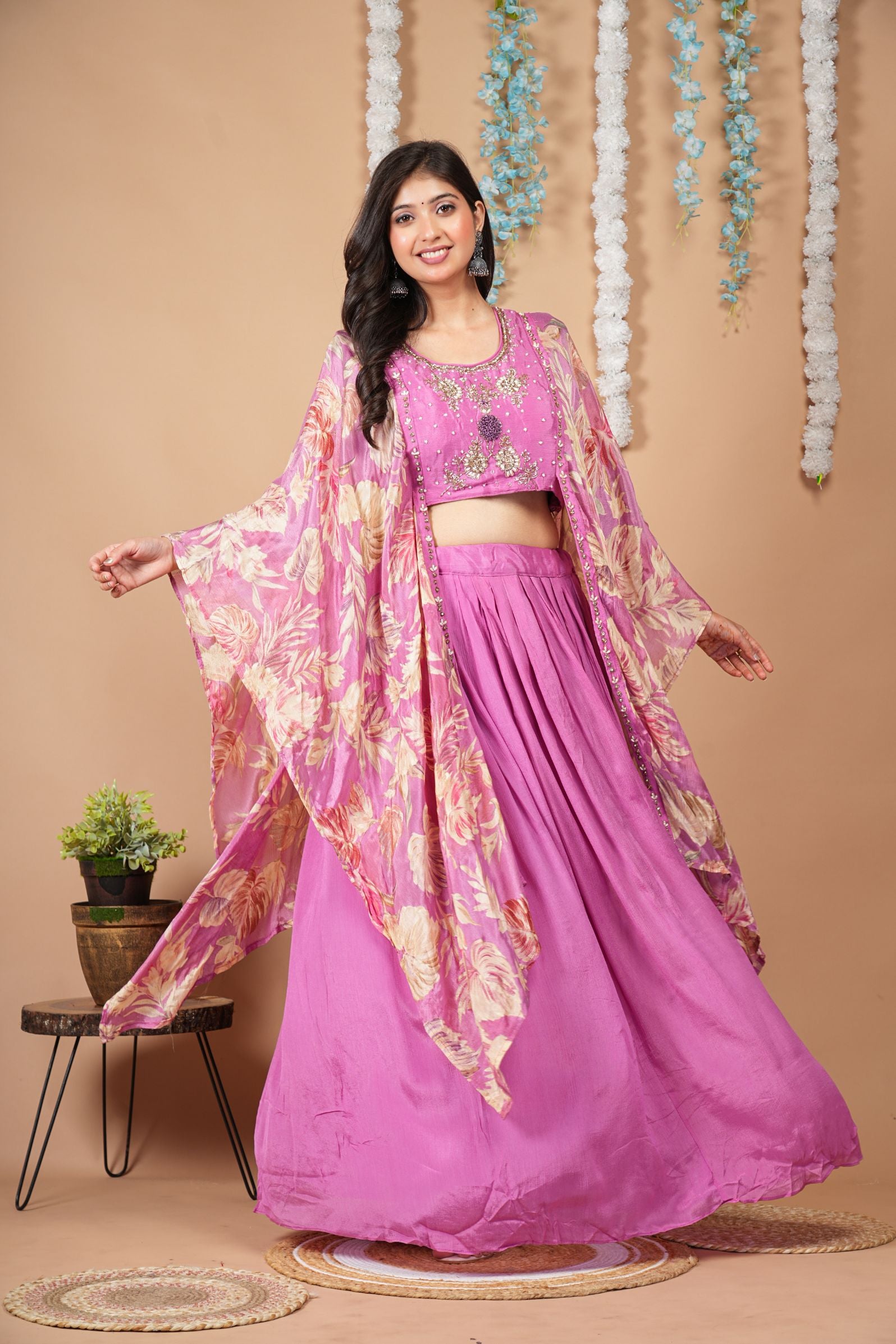 Pink Mist Indo-Western Set with attached Cape Shrug