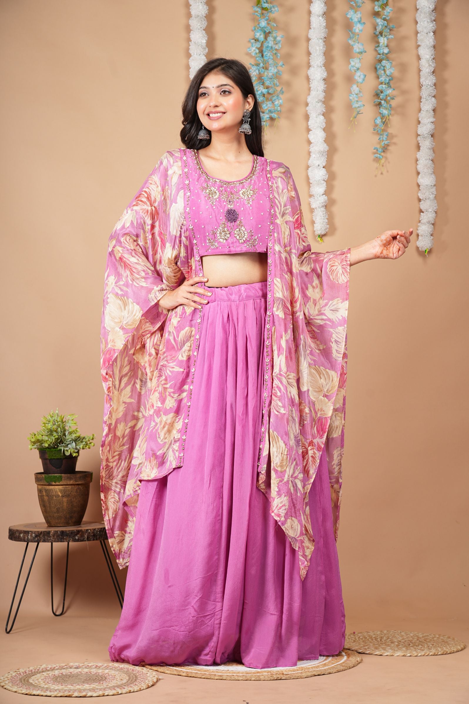 Pink Mist Indo-Western Set with attached Cape Shrug