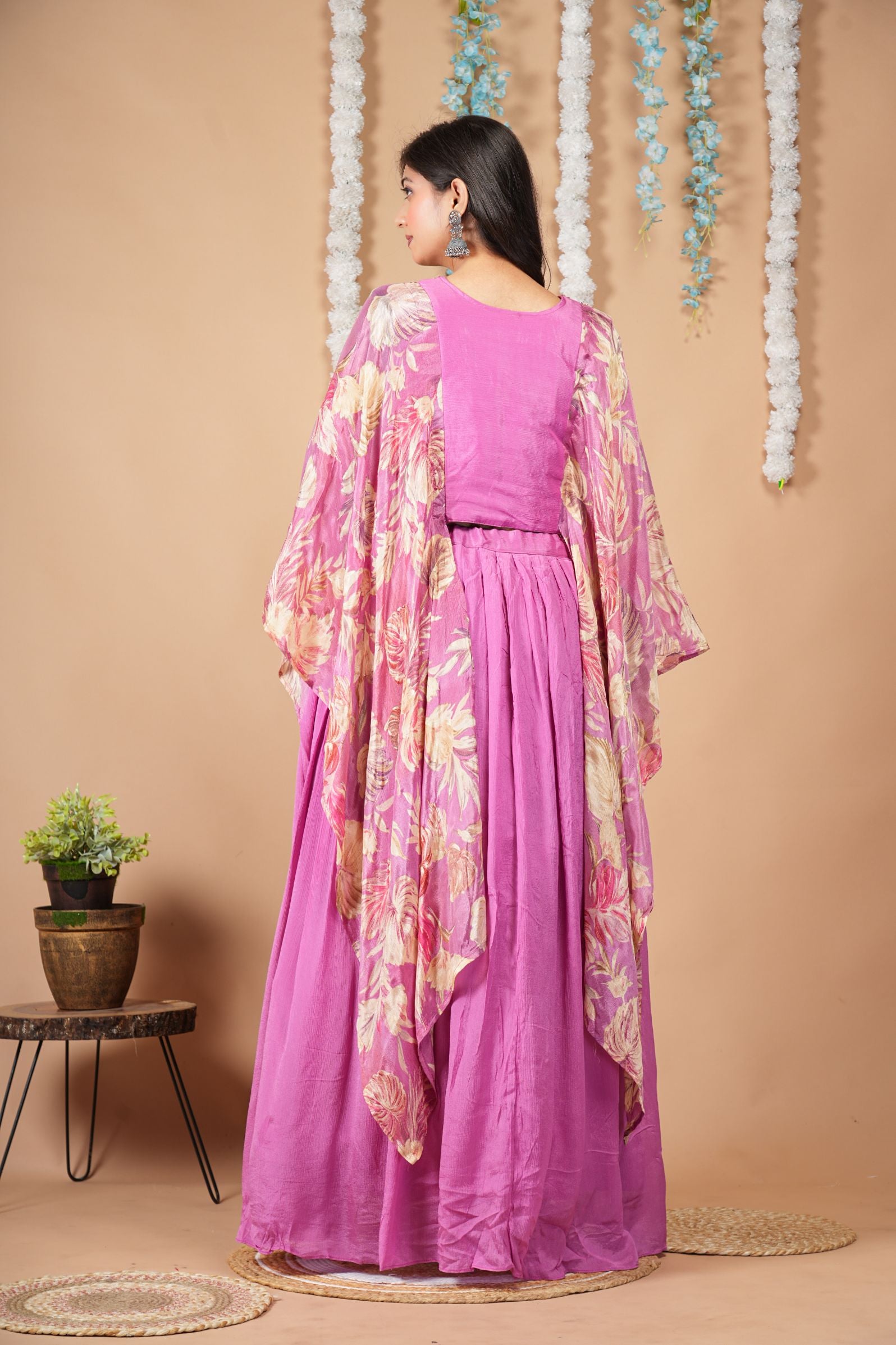 Pink Mist Indo-Western Set with attached Cape Shrug