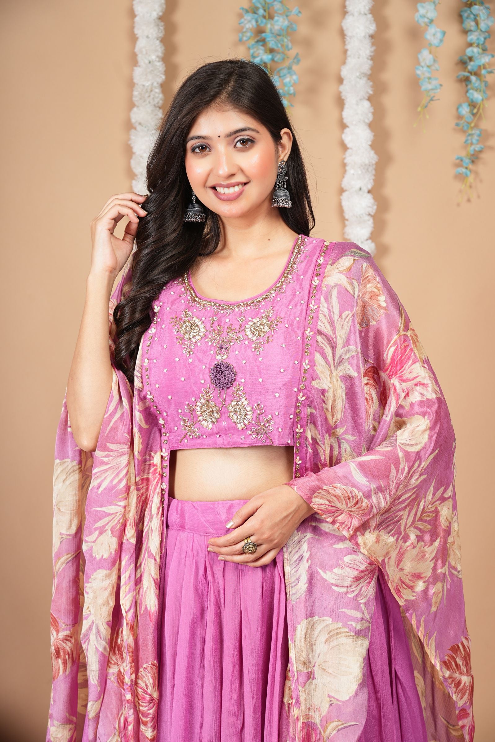 Pink Mist Indo-Western Set with attached Cape Shrug