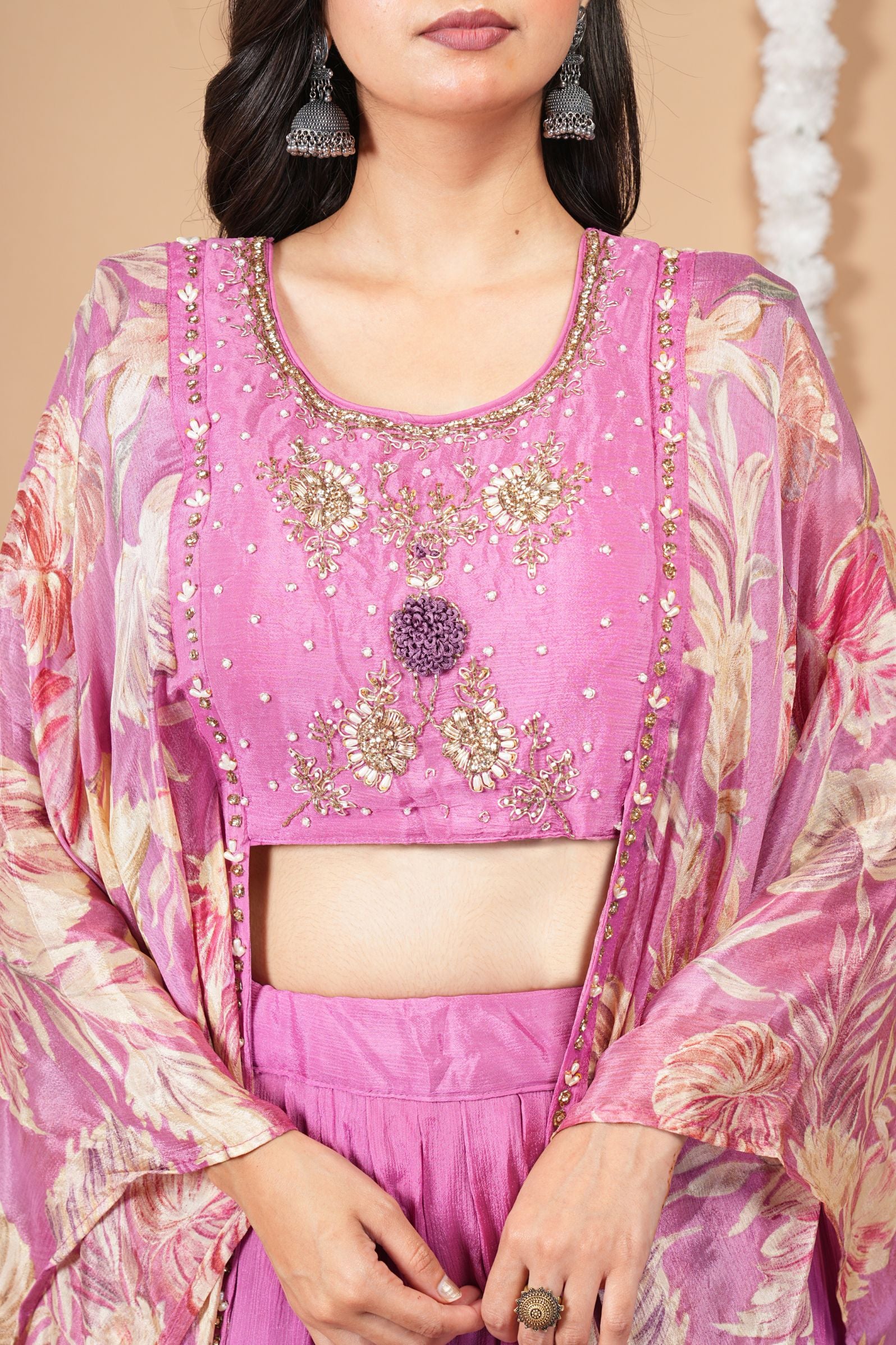 Pink Mist Indo-Western Set with attached Cape Shrug