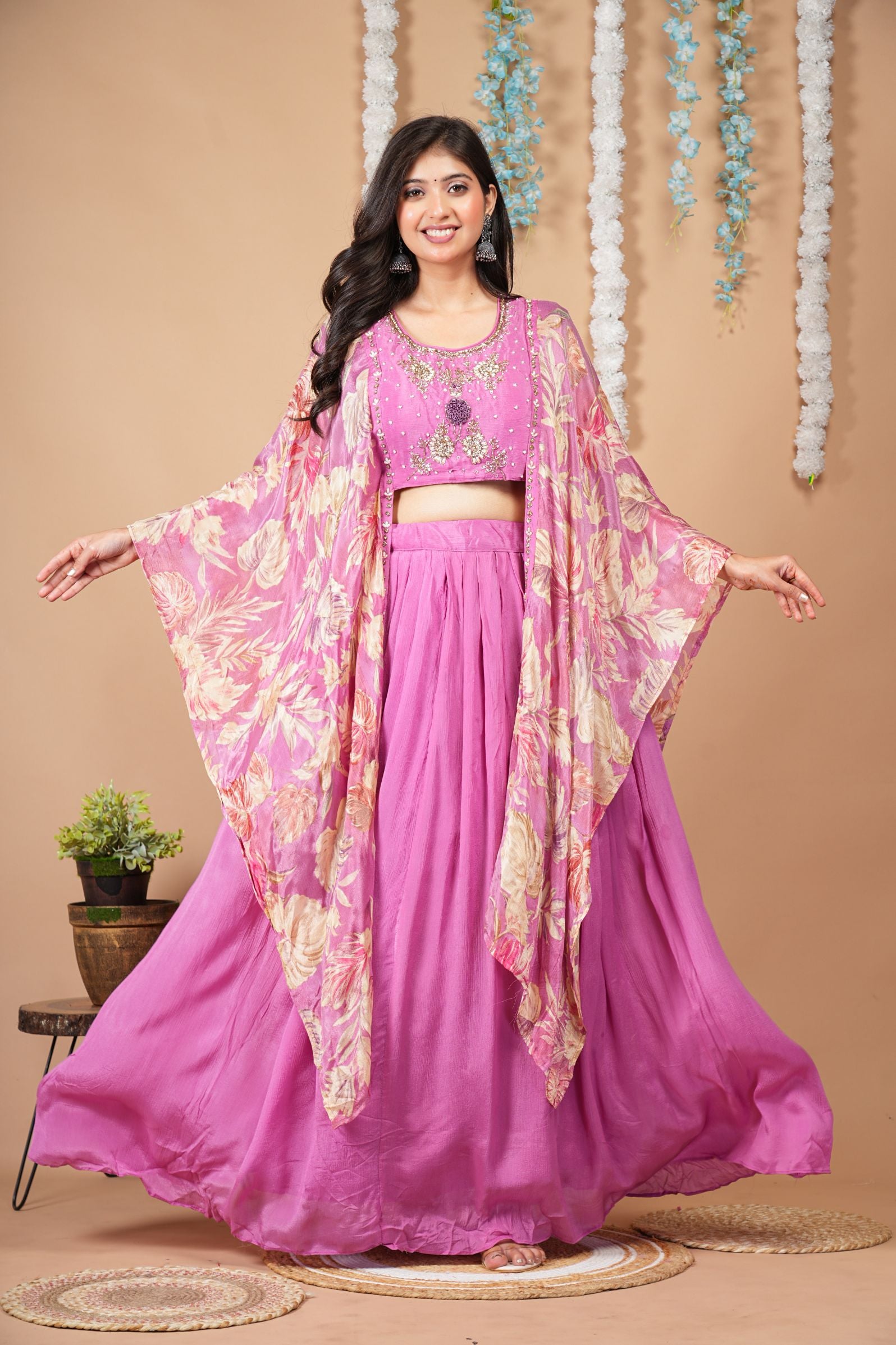 Pink Mist Indo-Western Set with attached Cape Shrug