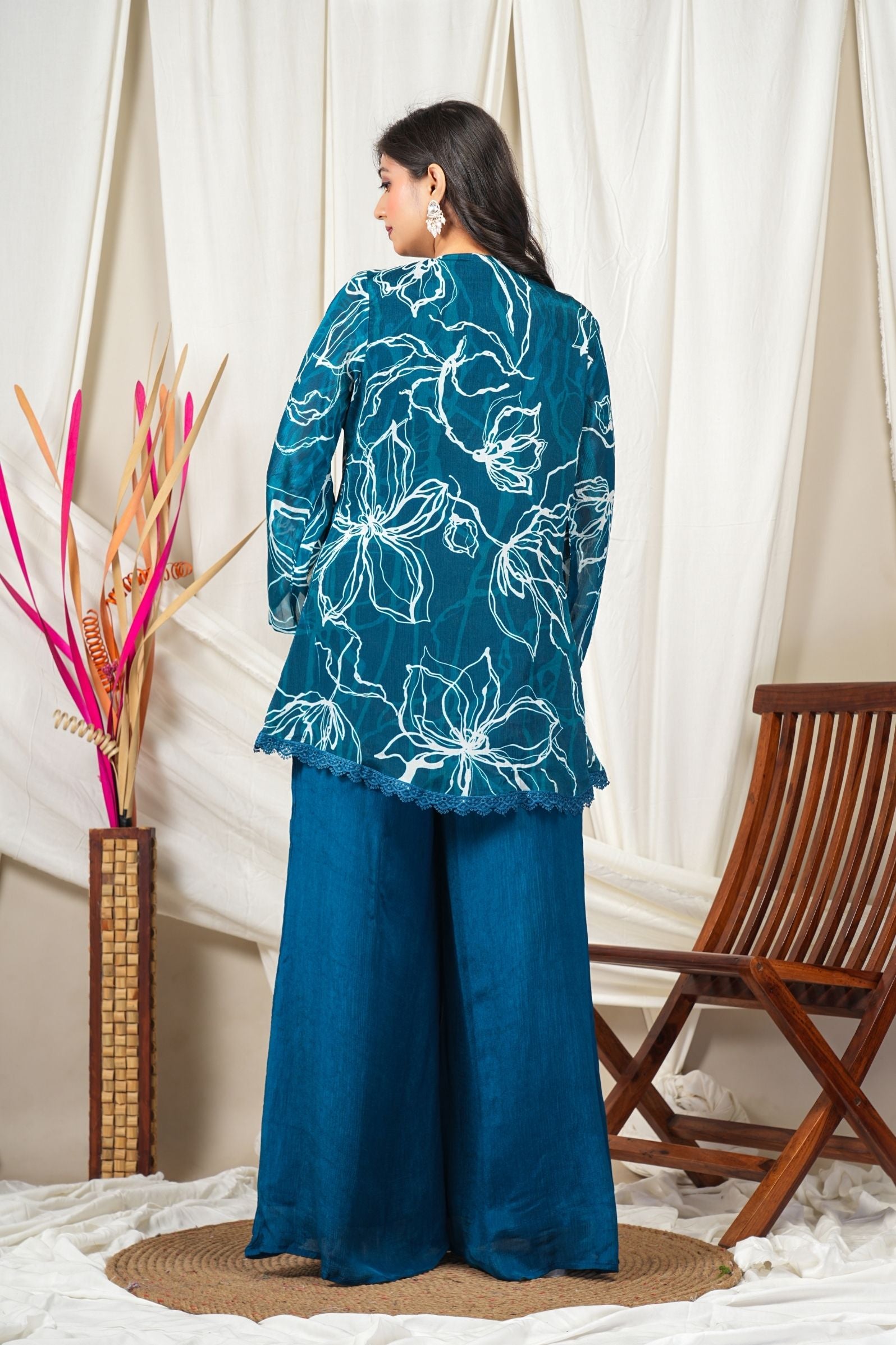 Ocean Bloom Pure Crepe Chinon 3-Piece Indo-Western Set