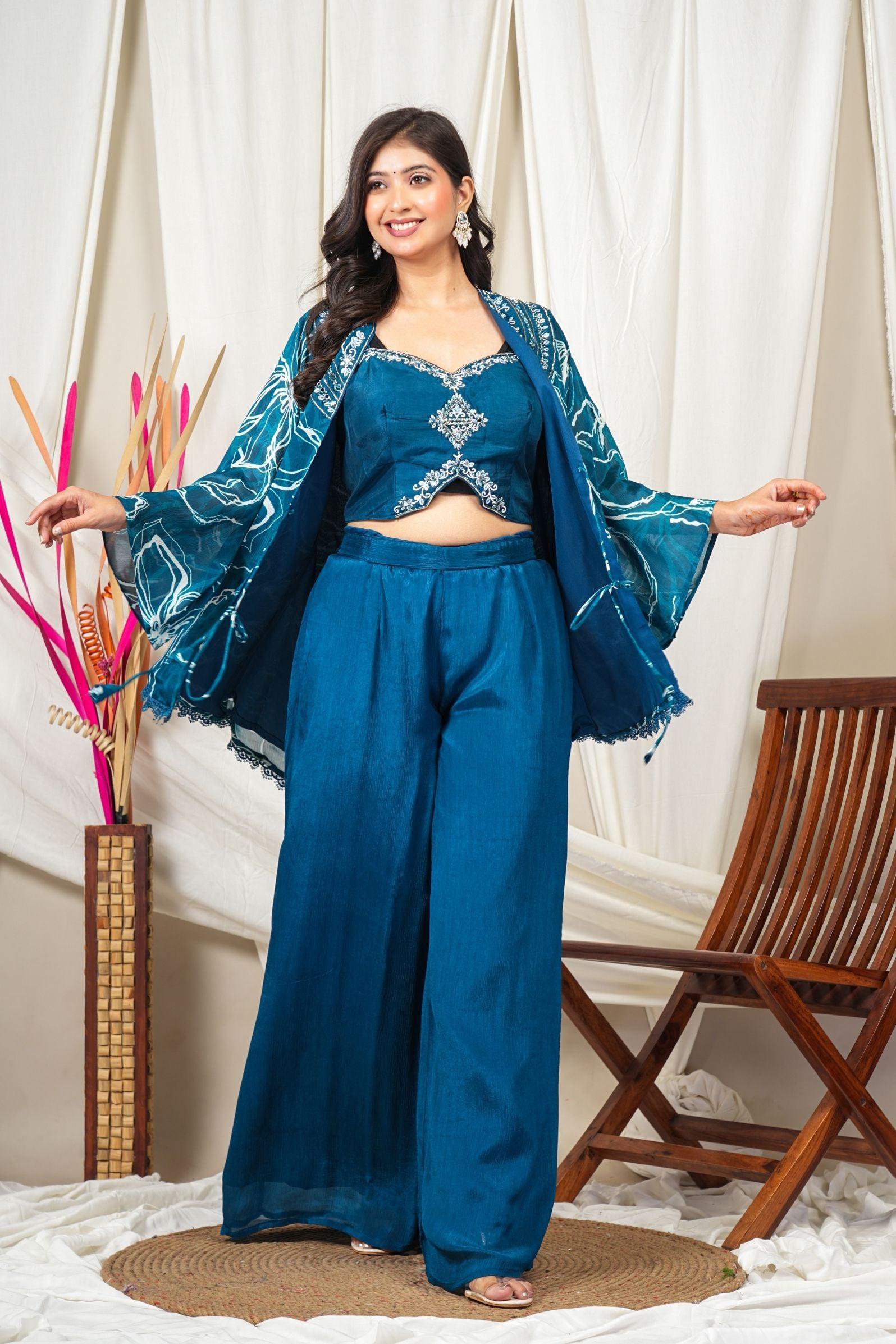 Ocean Bloom Pure Crepe Chinon 3-Piece Indo-Western Set