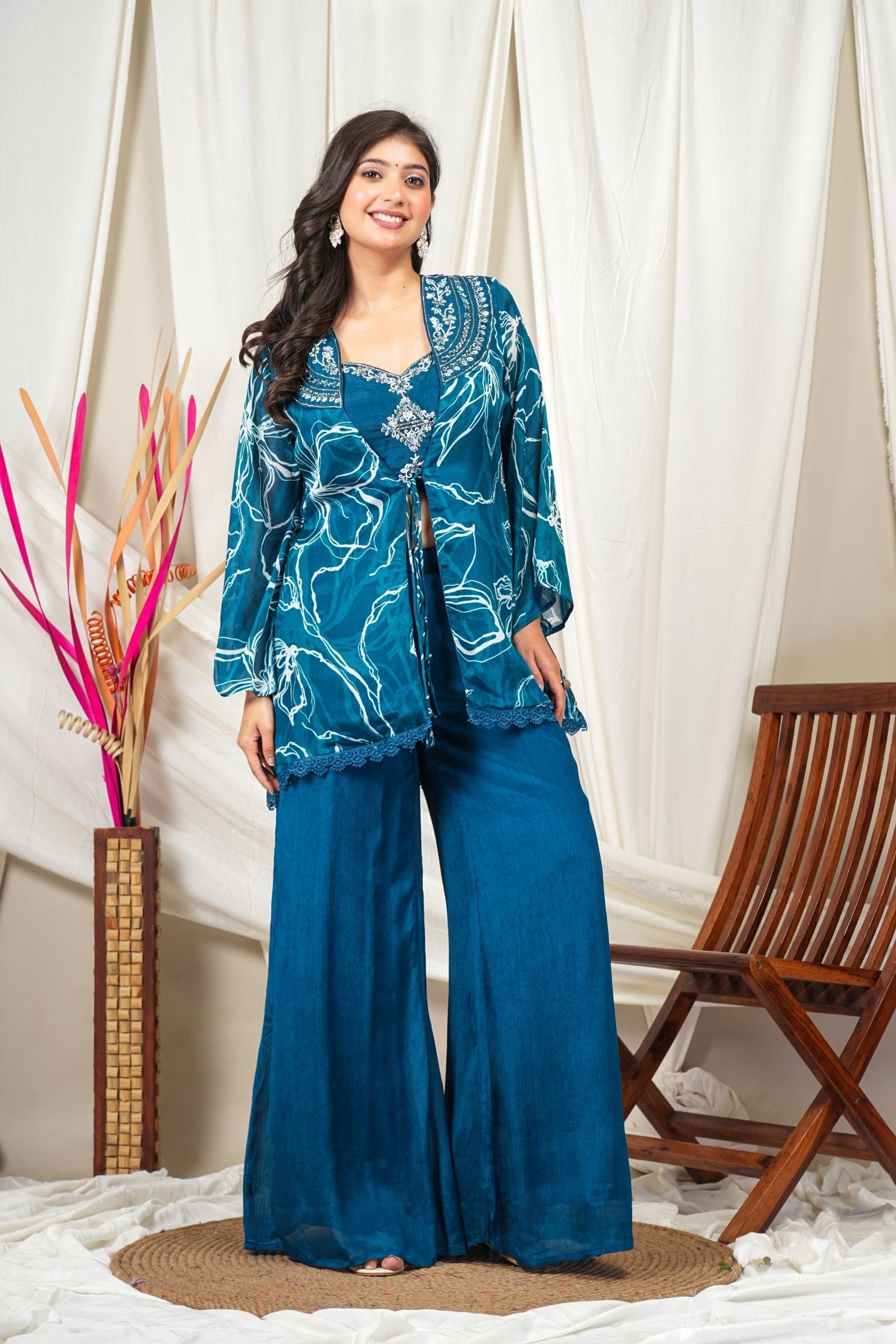 Ocean Bloom Pure Crepe Chinon 3-Piece Indo-Western Set