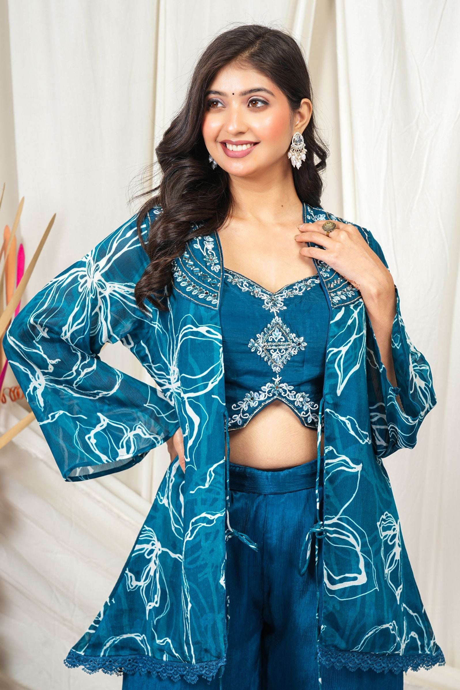 Ocean Bloom Pure Crepe Chinon 3-Piece Indo-Western Set