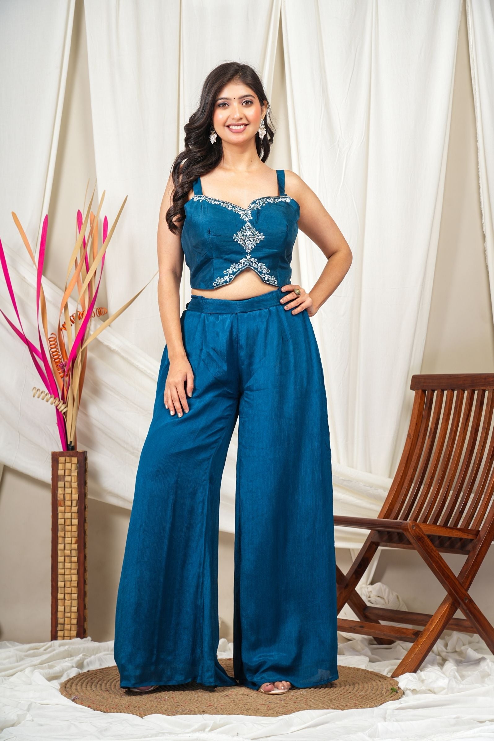 Ocean Bloom Pure Crepe Chinon 3-Piece Indo-Western Set