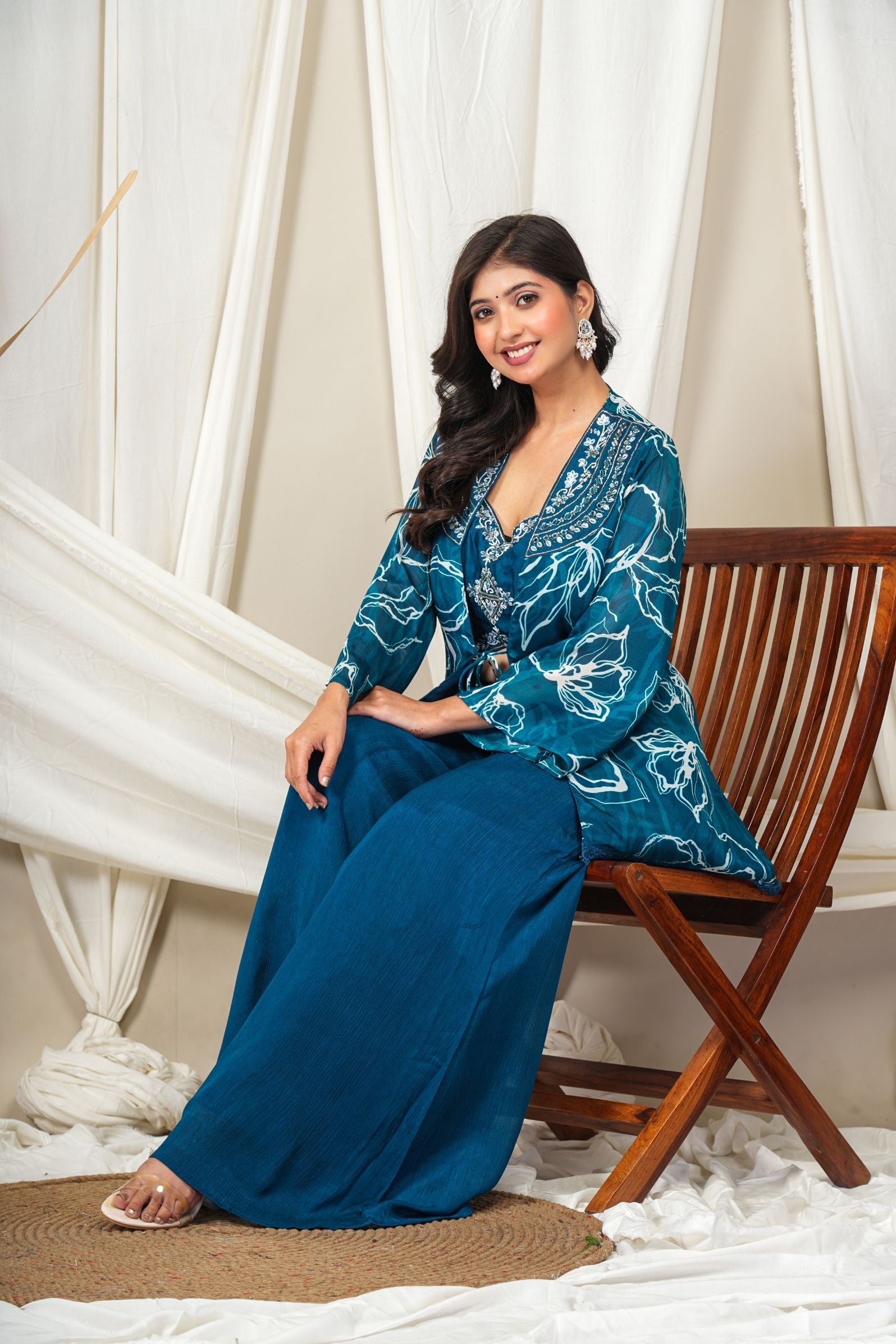 Ocean Bloom Pure Crepe Chinon 3-Piece Indo-Western Set
