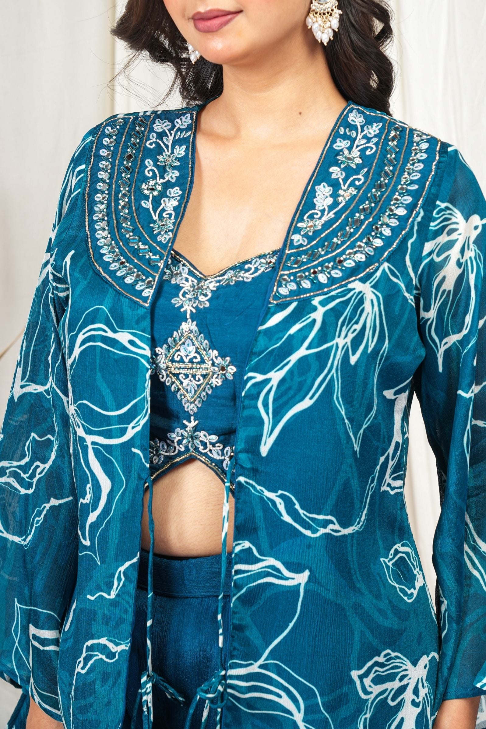 Ocean Bloom Pure Crepe Chinon 3-Piece Indo-Western Set