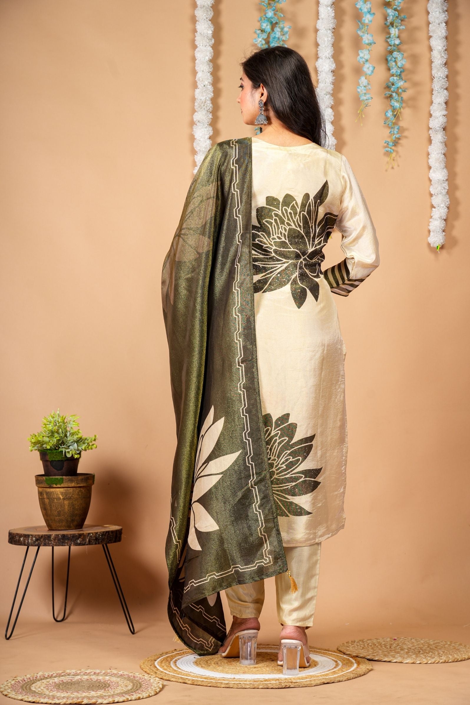 Golden Beige & Olive Green Bloom Tissue Suit Set