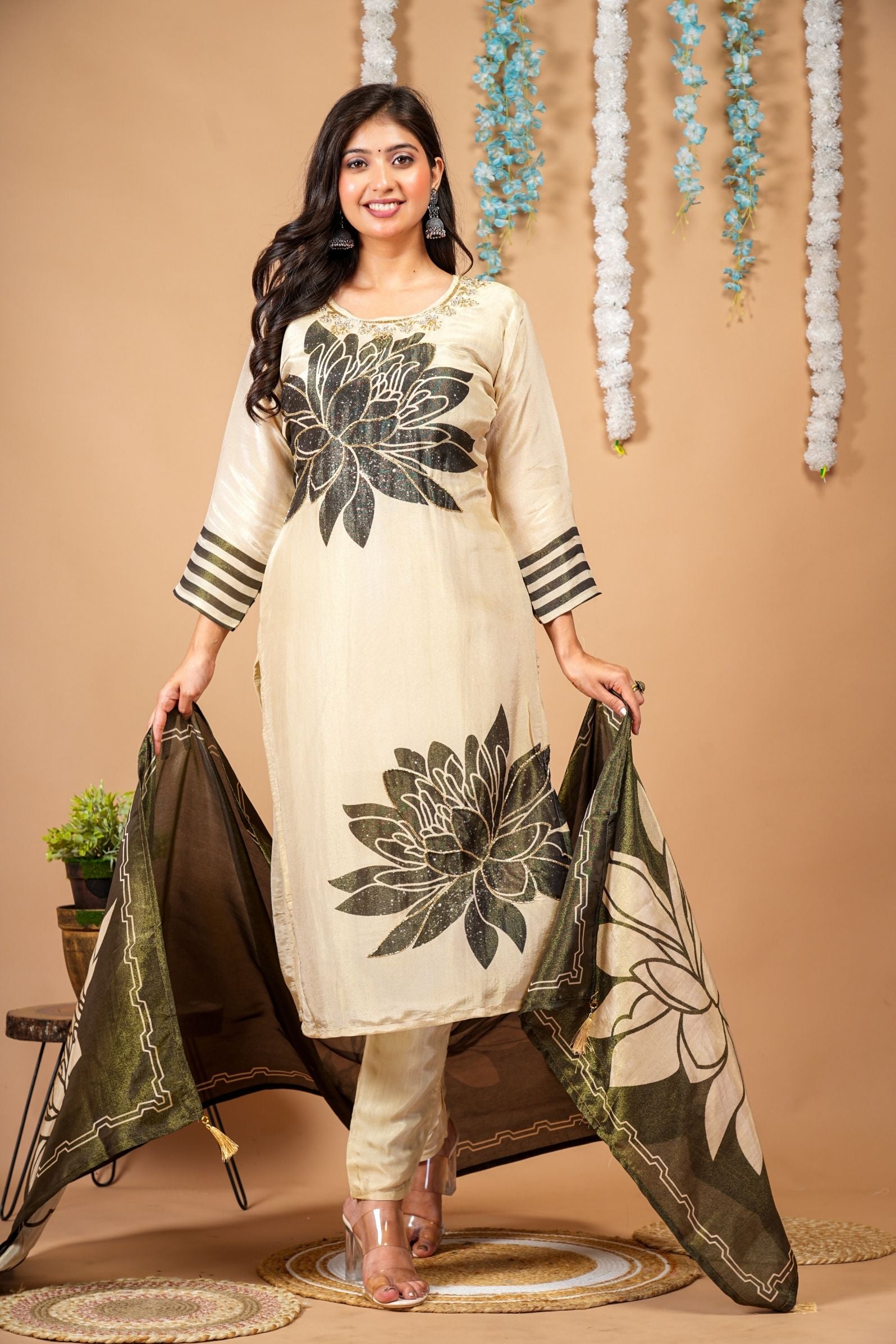 Golden Beige & Olive Green Bloom Tissue Suit Set