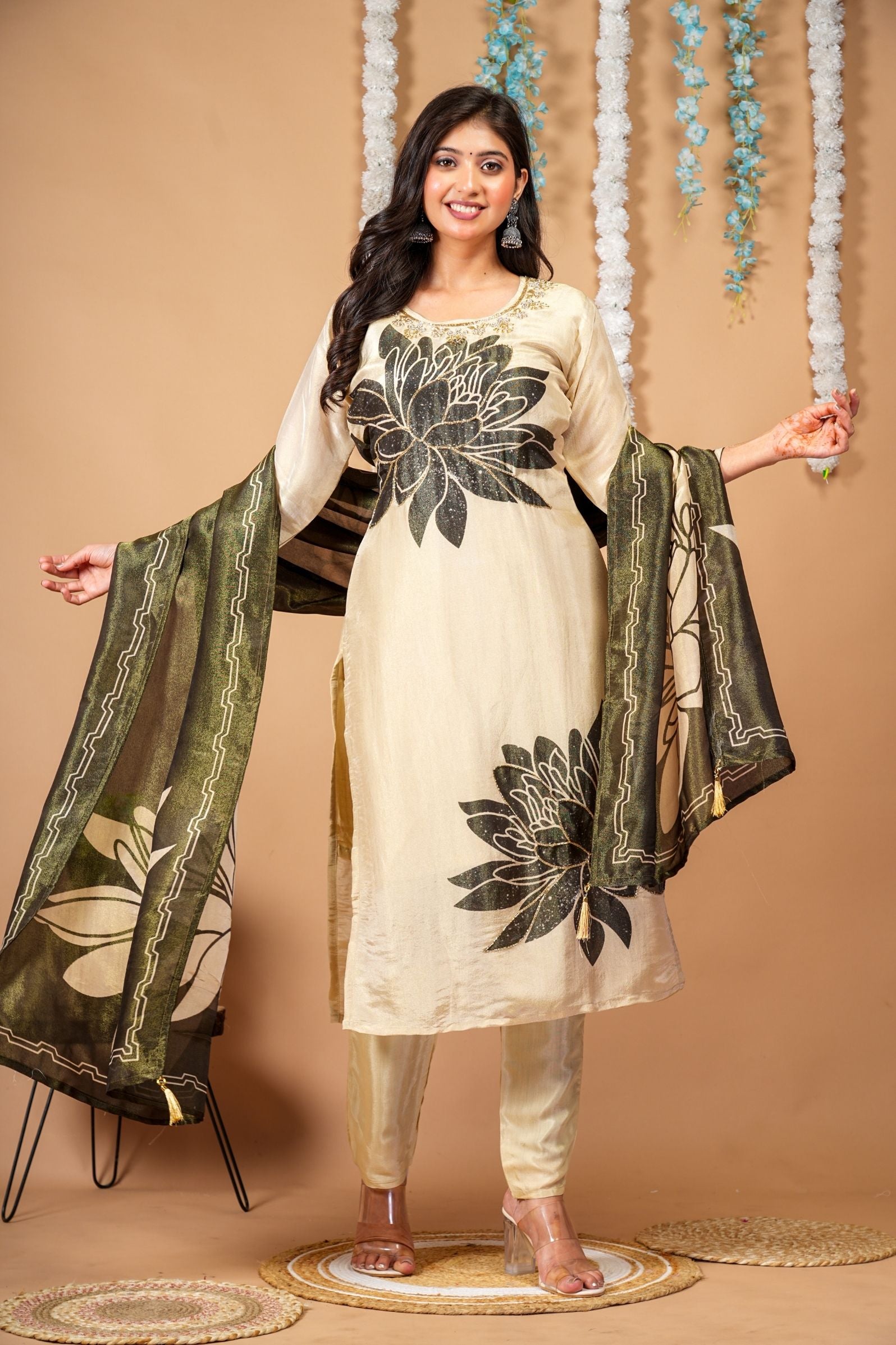 Golden Beige & Olive Green Bloom Tissue Suit Set