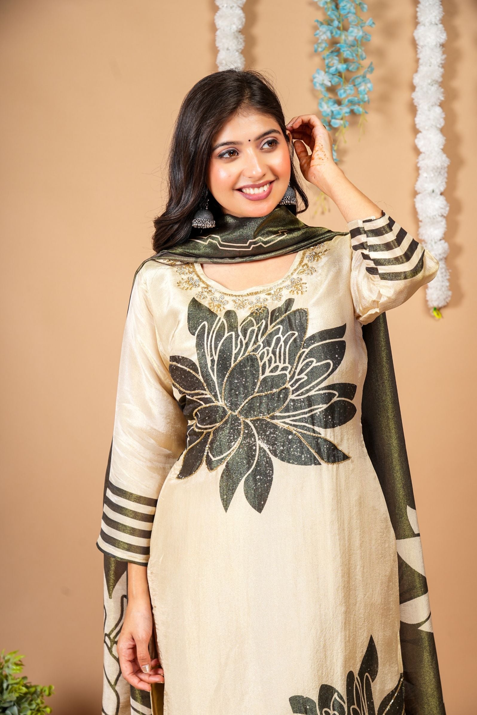 Golden Beige & Olive Green Bloom Tissue Suit Set