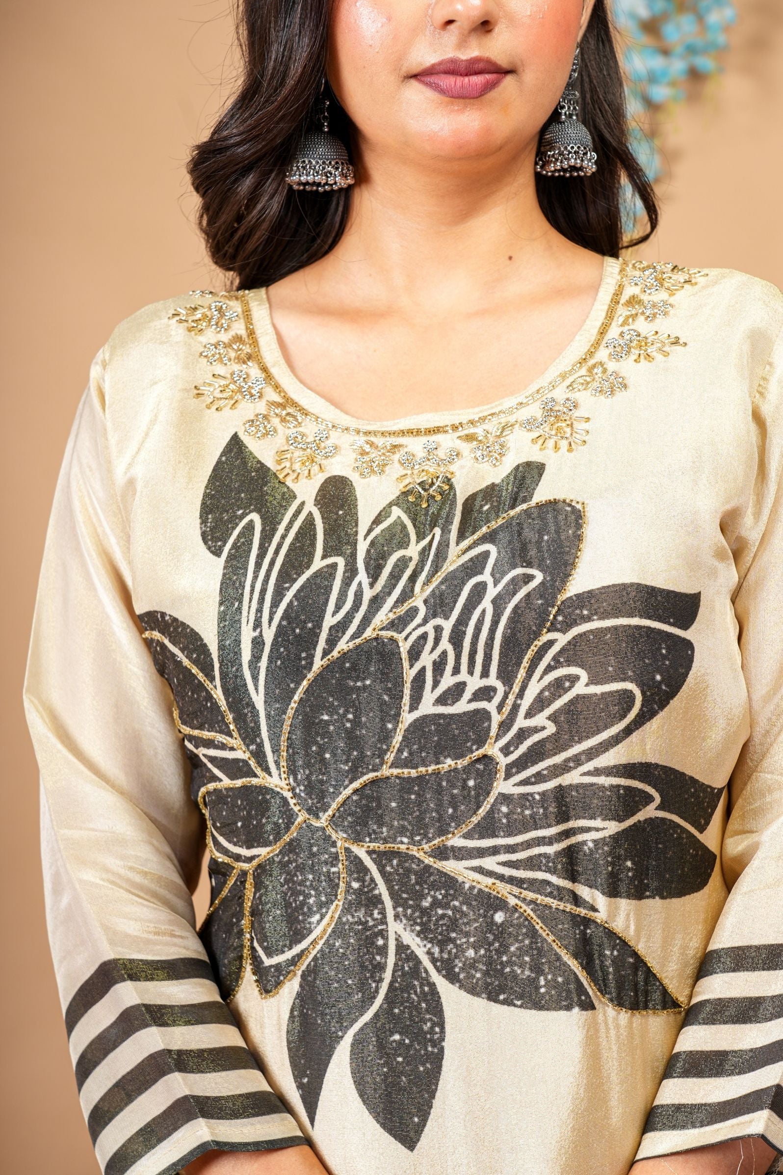 Golden Beige & Olive Green Bloom Tissue Suit Set