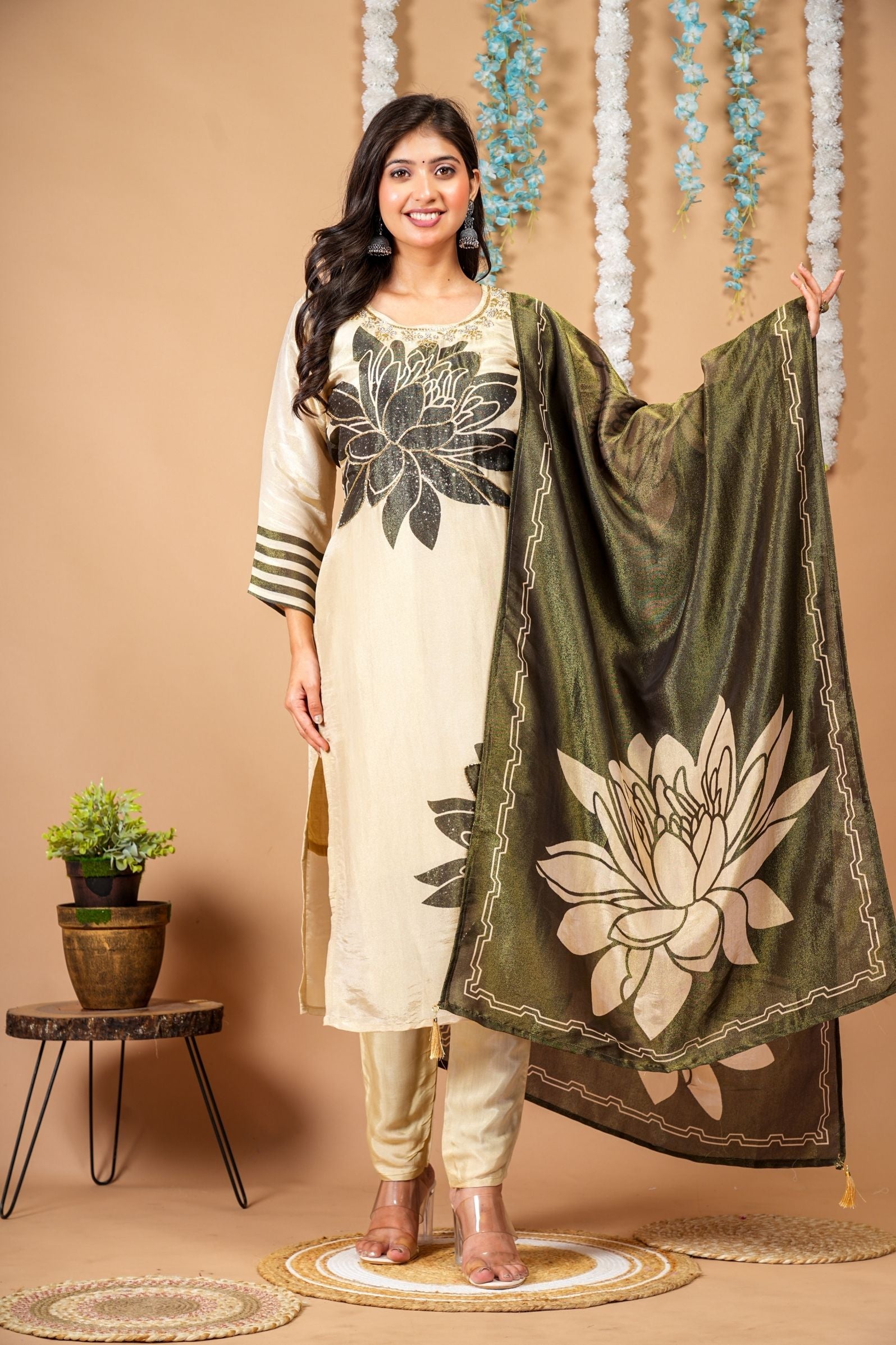 Golden Beige & Olive Green Bloom Tissue Suit Set