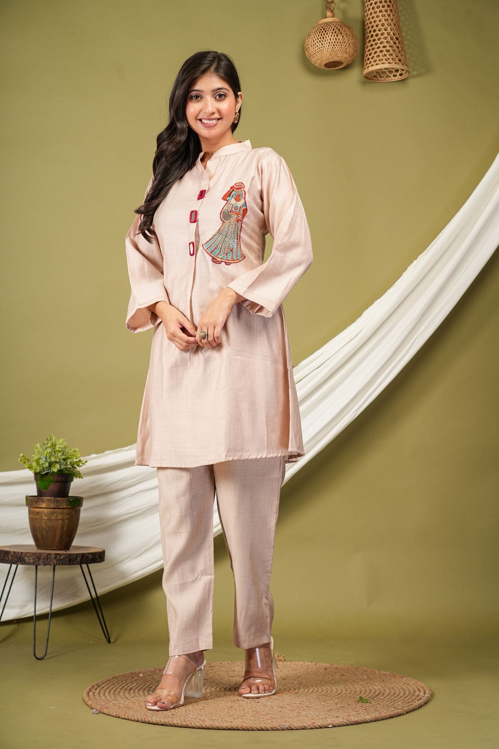 Graceful Beige Co-ord Set with Rajasthani Art Motif