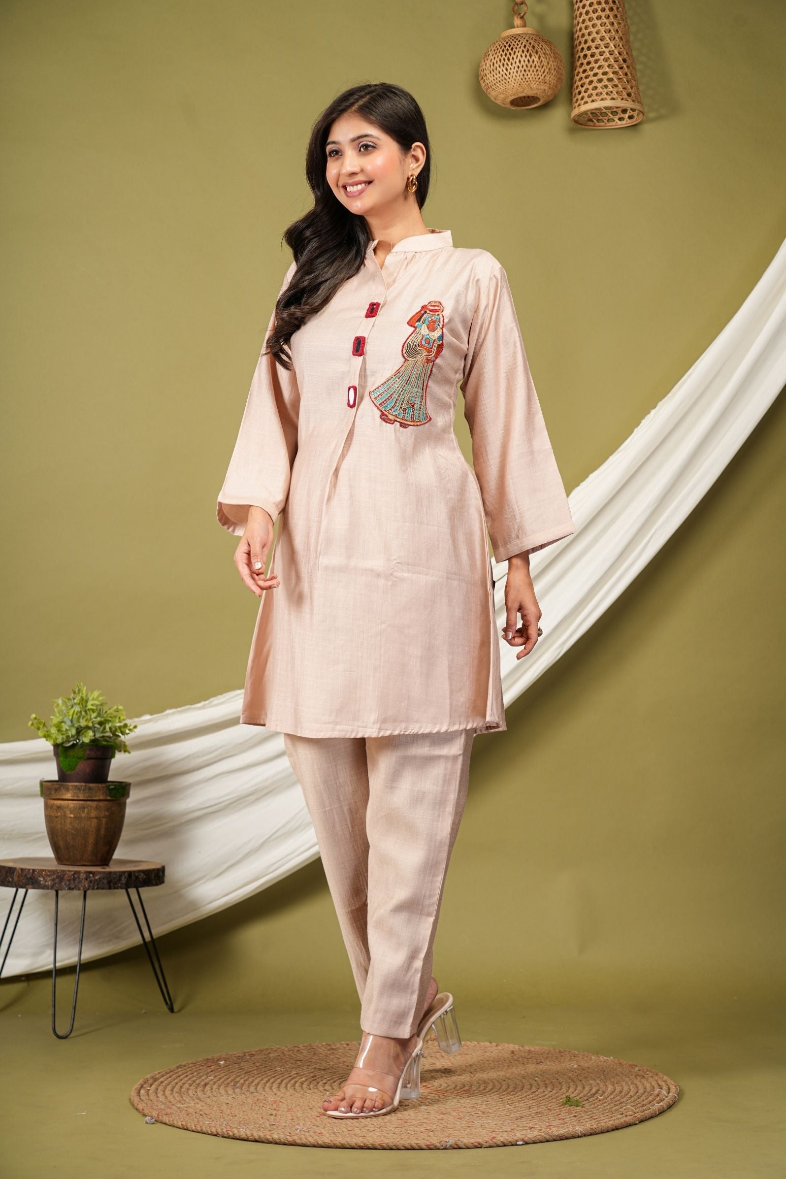 Graceful Beige Co-ord Set with Rajasthani Art Motif