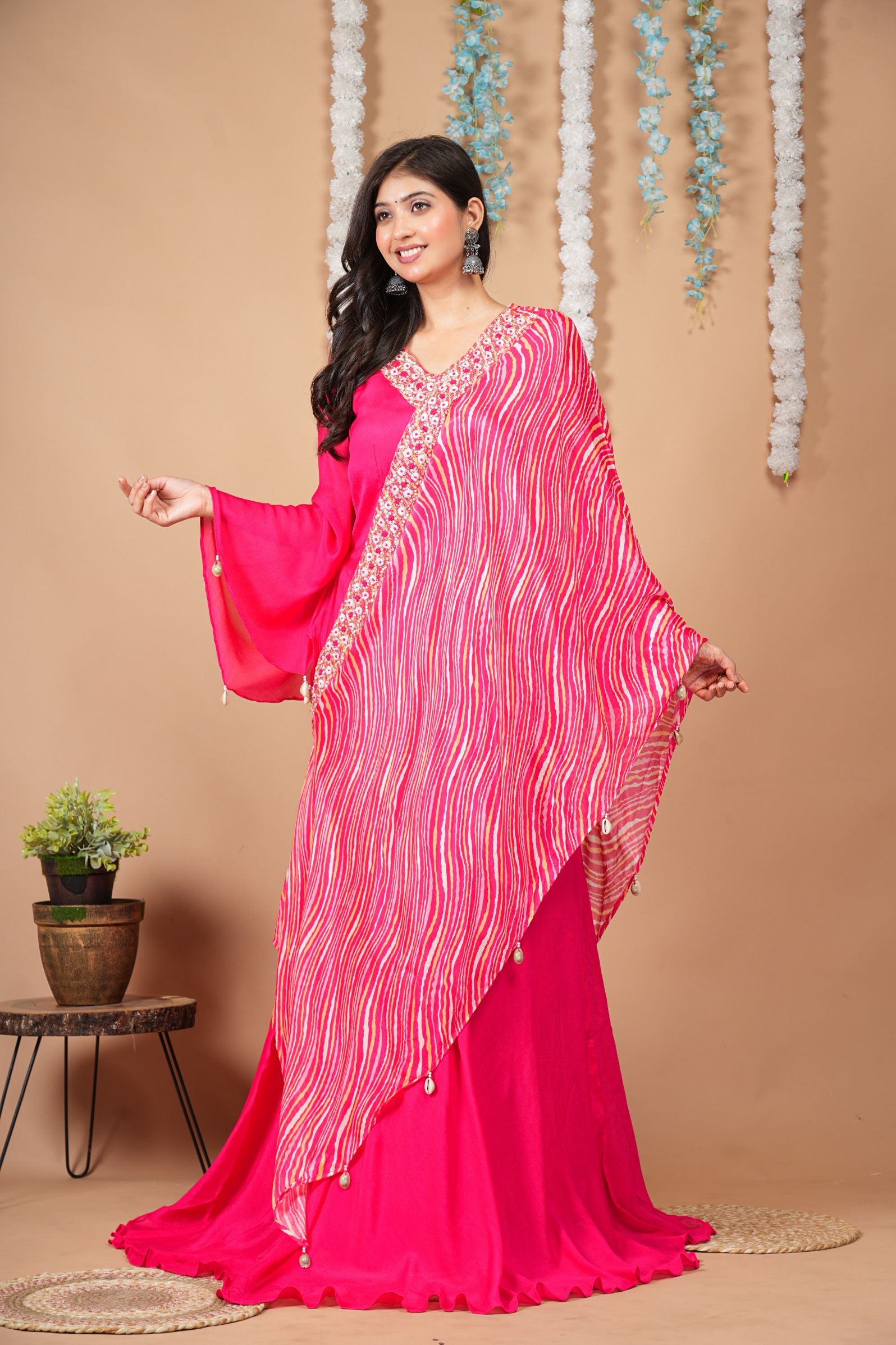 Hot Pink Gown with attached Leheriya Cross Flap