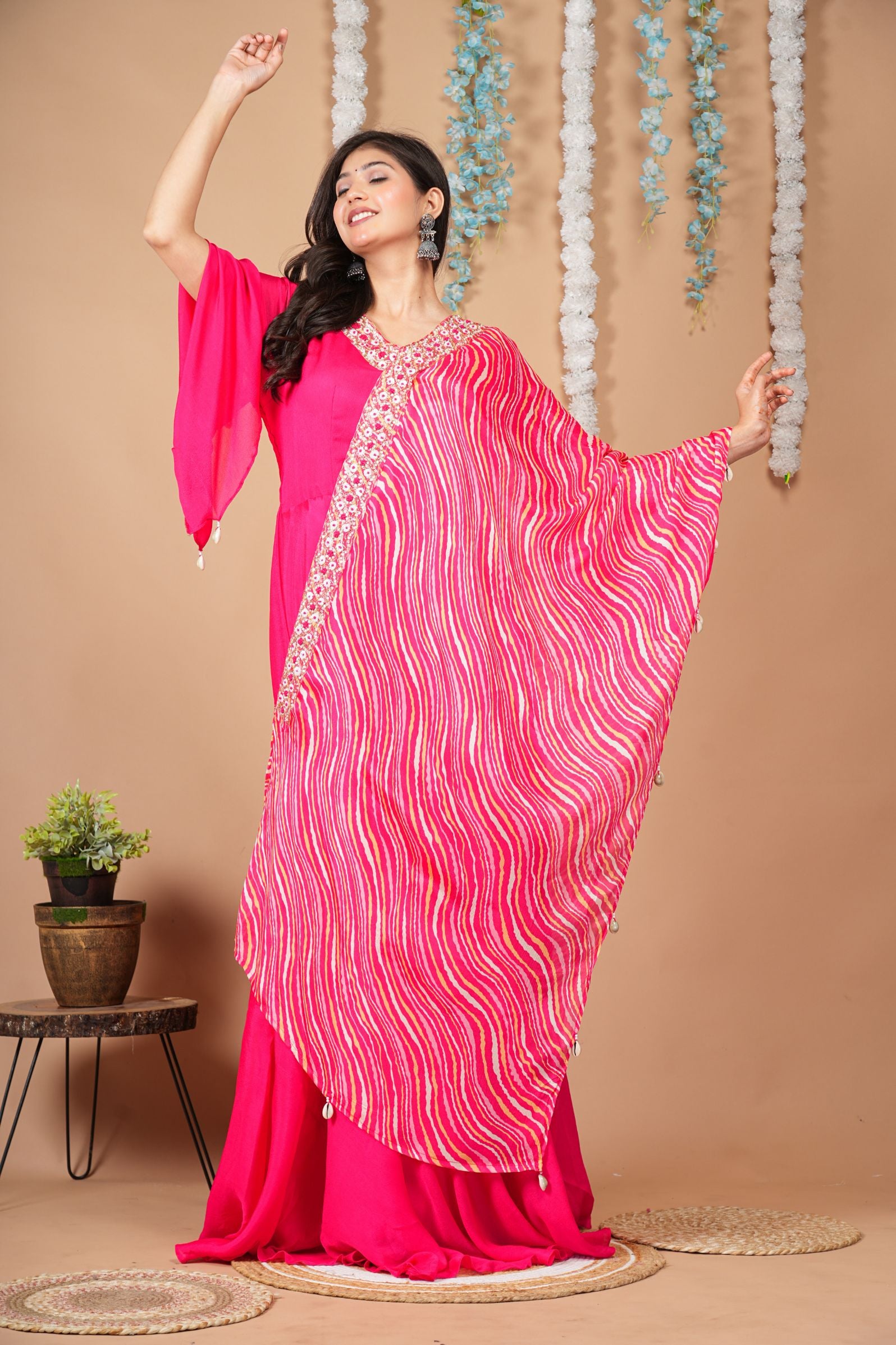 Hot Pink Gown with attached Leheriya Cross Flap