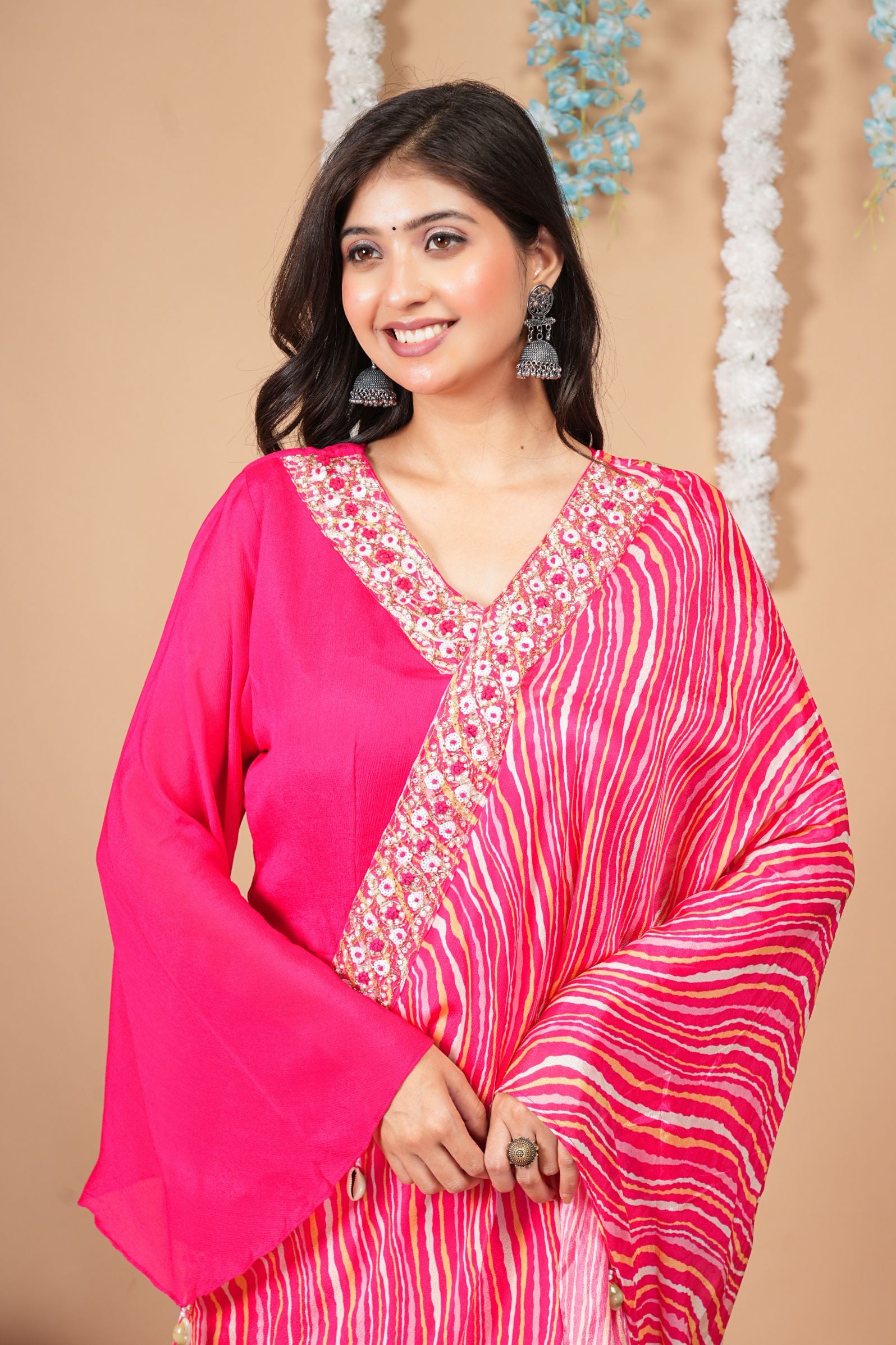 Hot Pink Gown with attached Leheriya Cross Flap