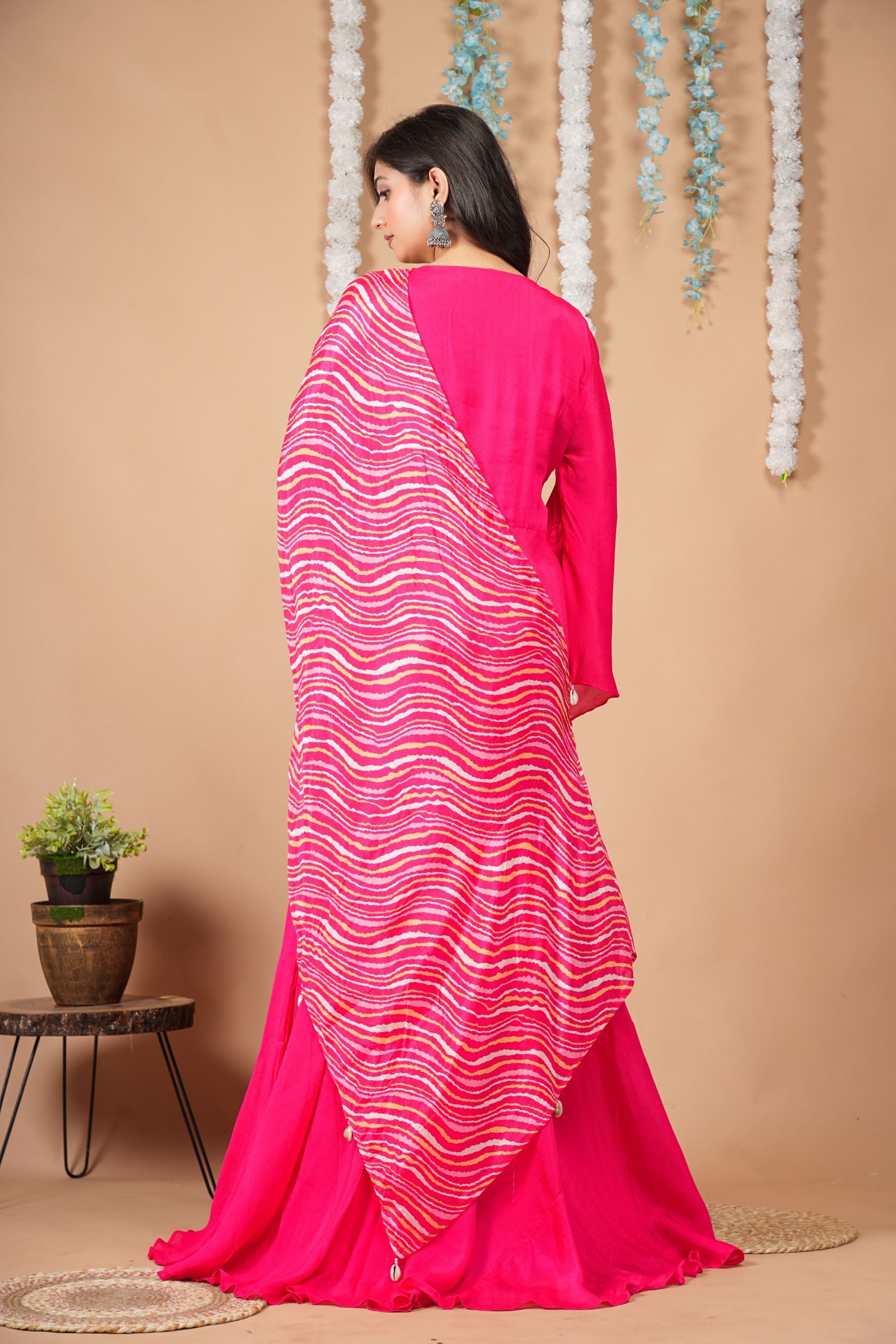 Hot Pink Gown with attached Leheriya Cross Flap