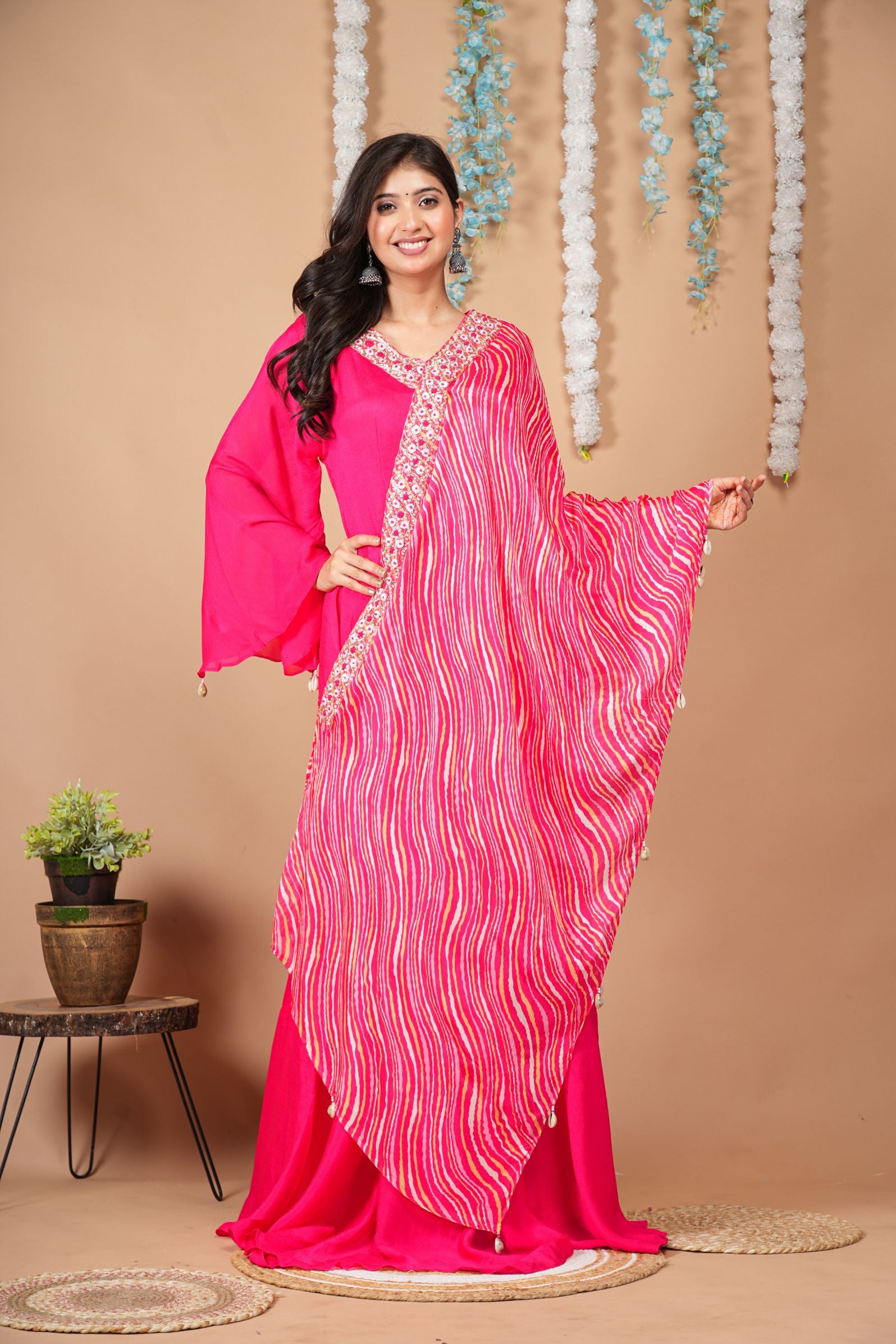 Hot Pink Gown with attached Leheriya Cross Flap
