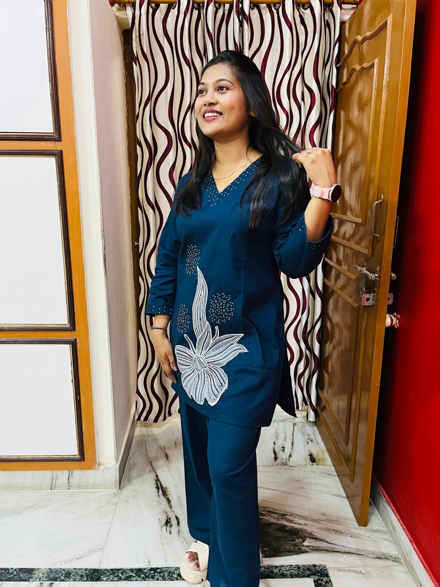 Teal Blue Cotton Embroidered and Appliqué Co-ord Set