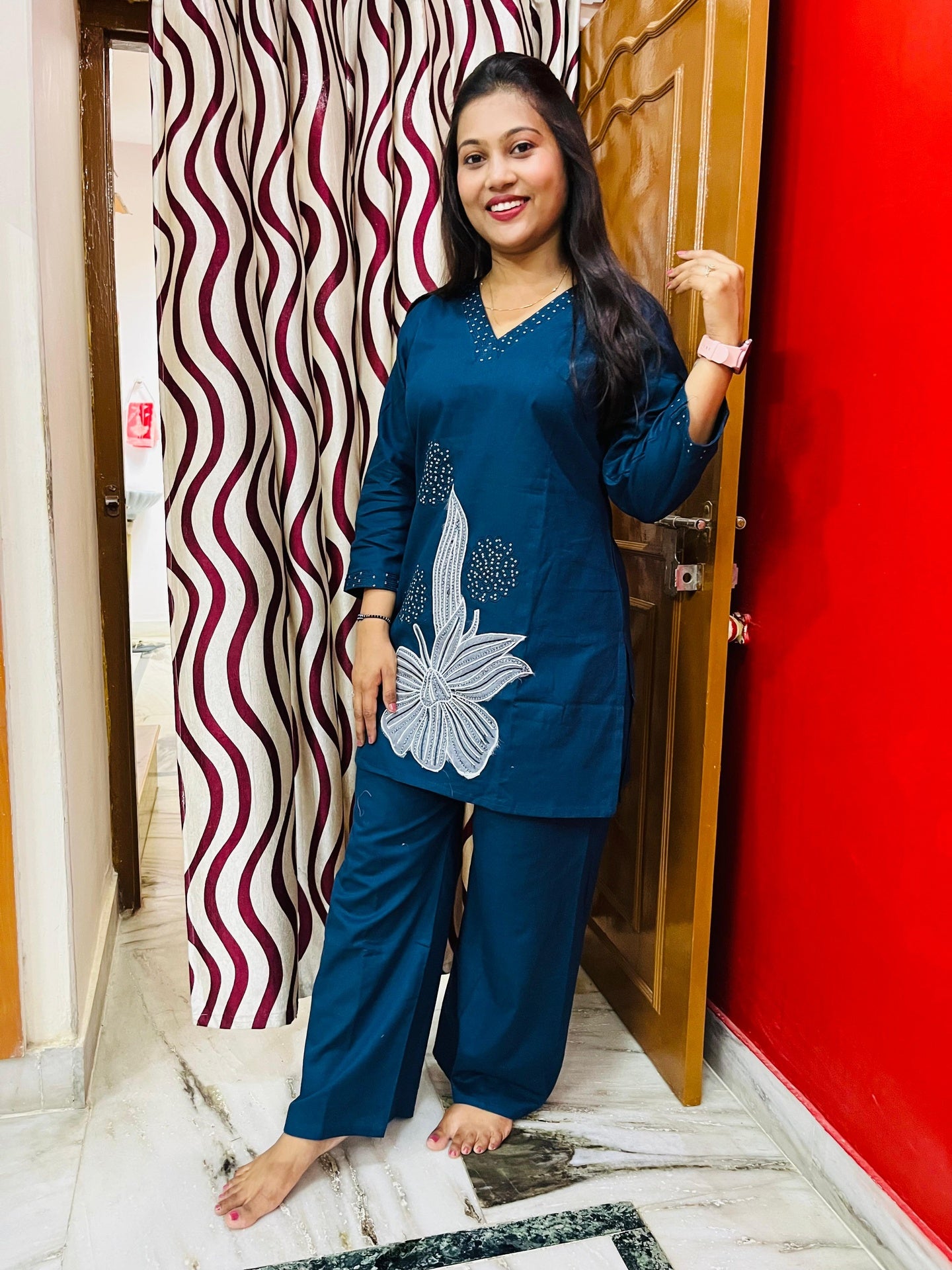 Teal Blue Cotton Embroidered and Appliqué Co-ord Set