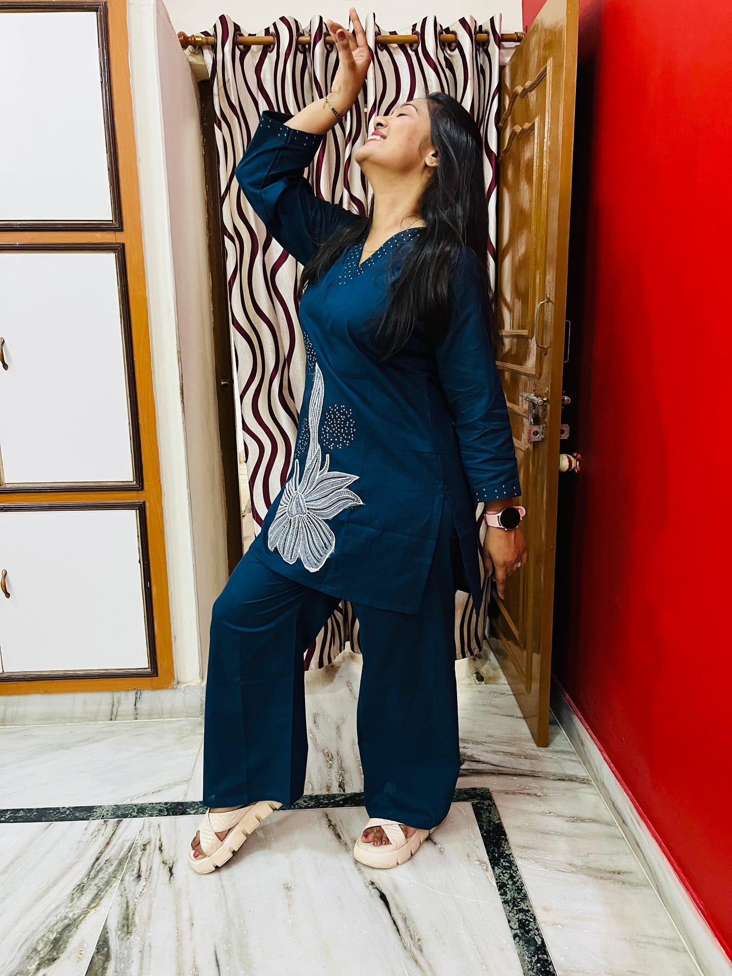 Teal Blue Cotton Embroidered and Appliqué Co-ord Set