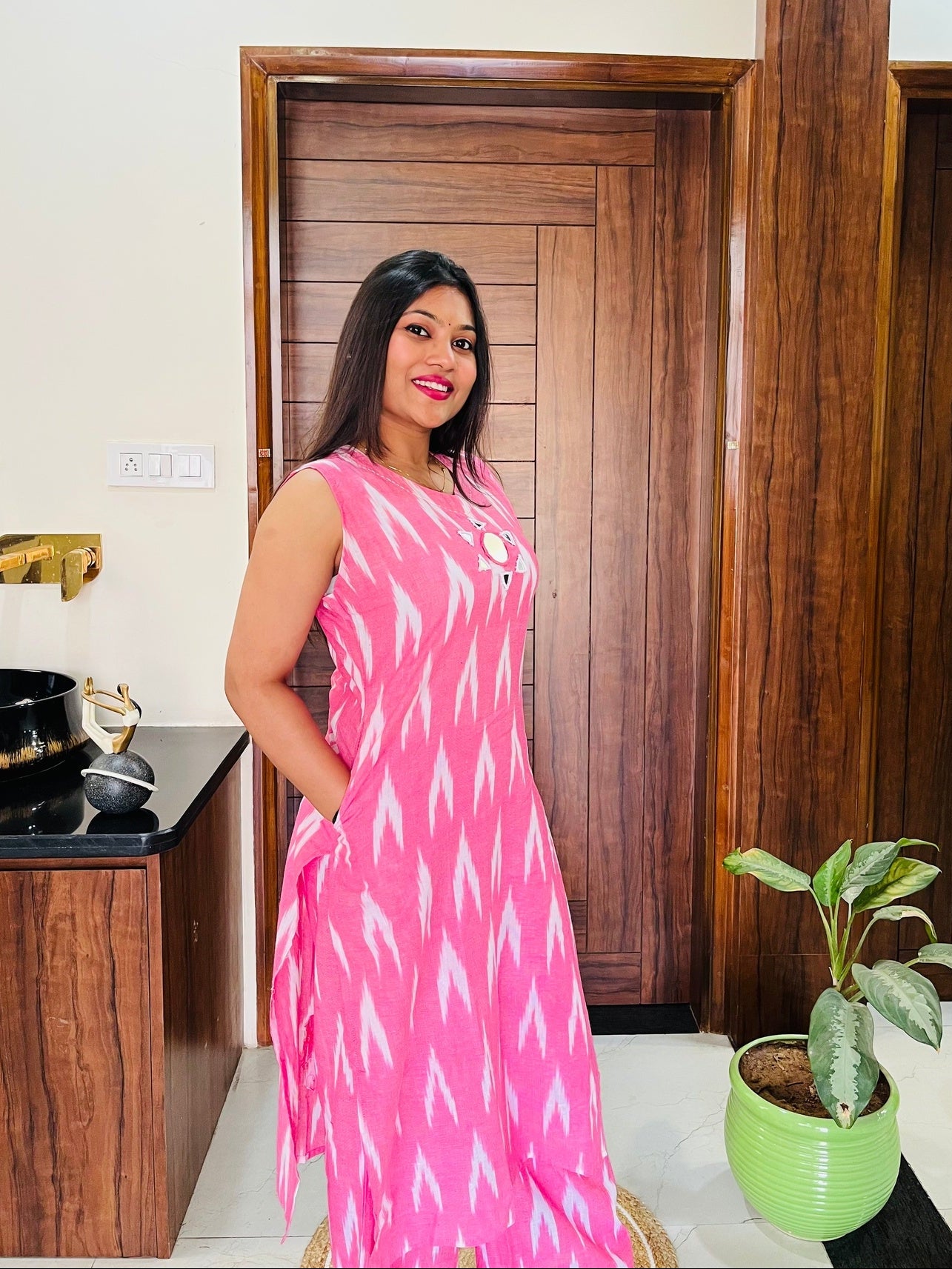 Pink Ikkat Print Kurta-Plazzo Set