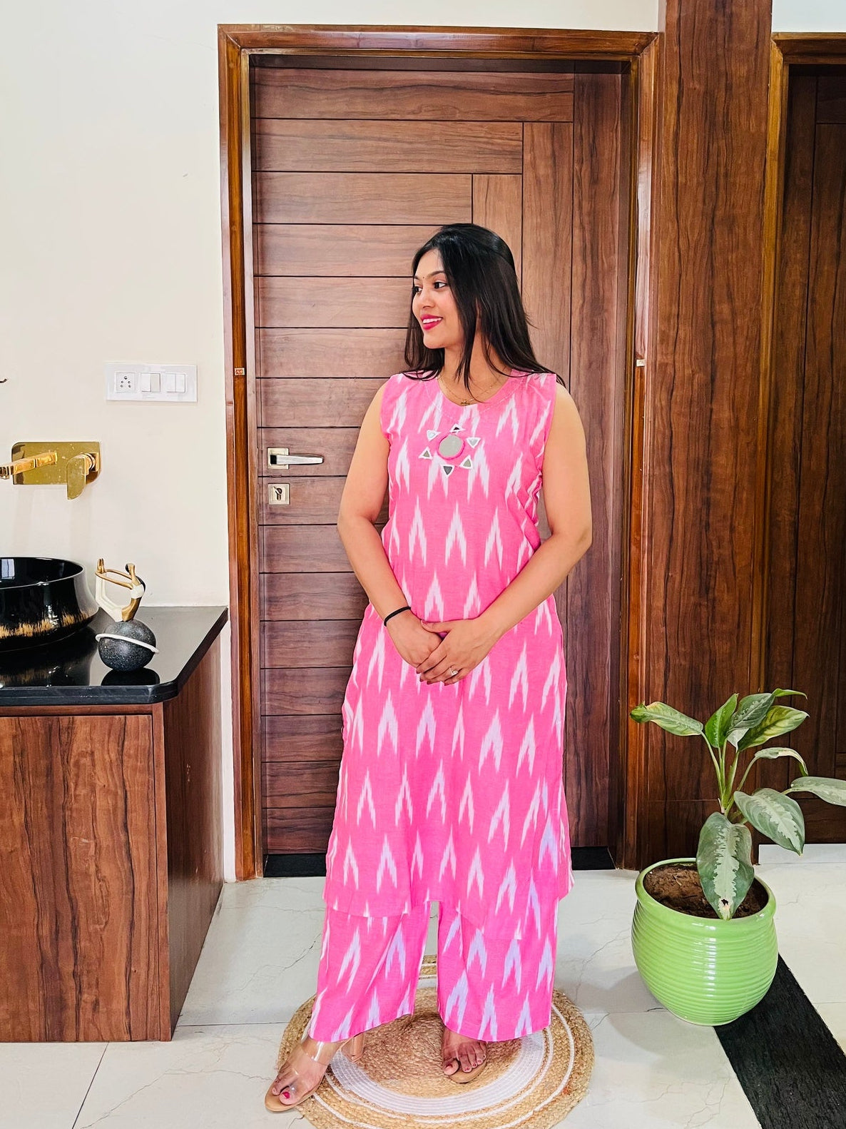 Pink Ikkat Print Kurta-Plazzo Set