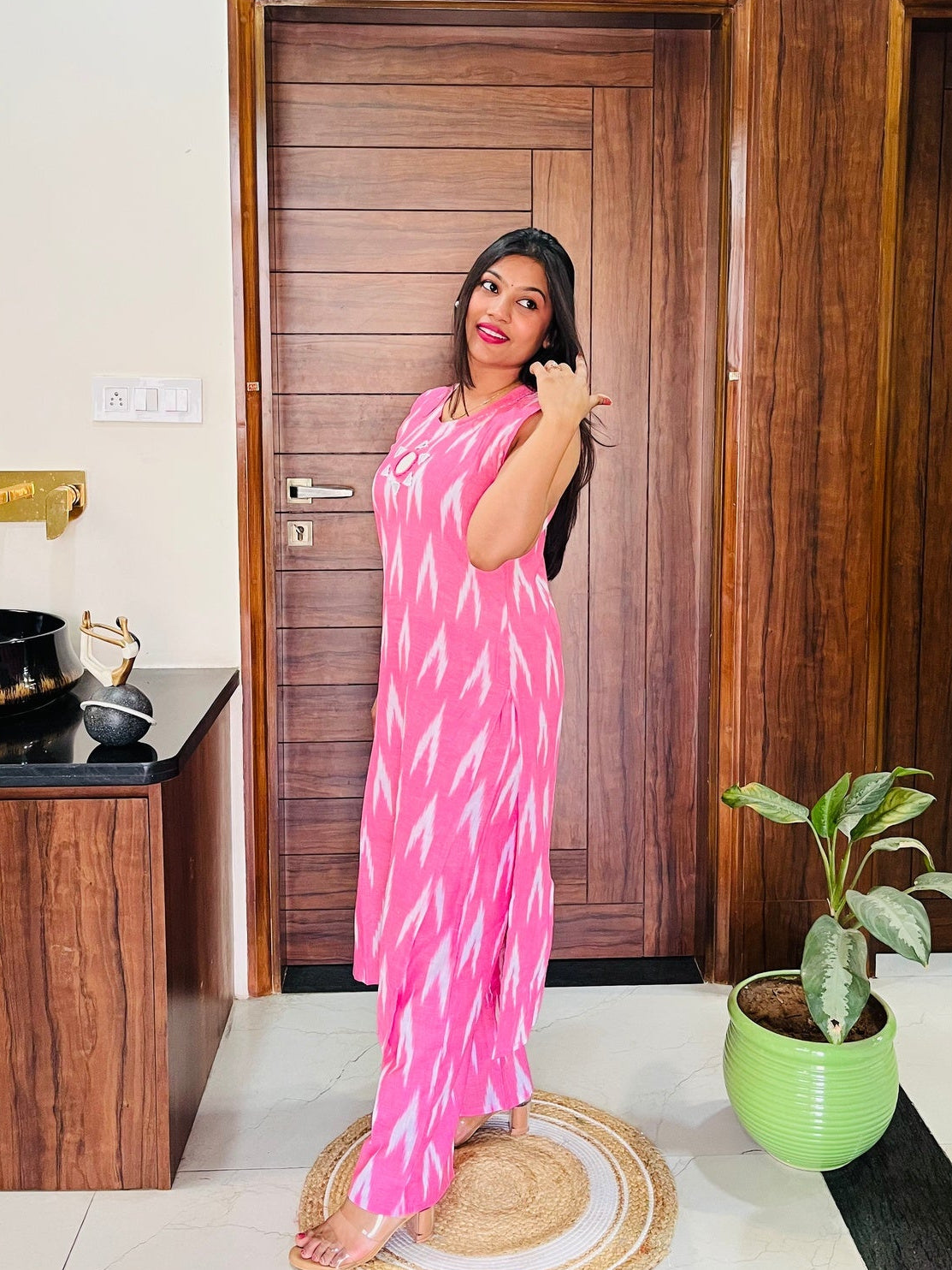 Pink Ikkat Print Kurta-Plazzo Set