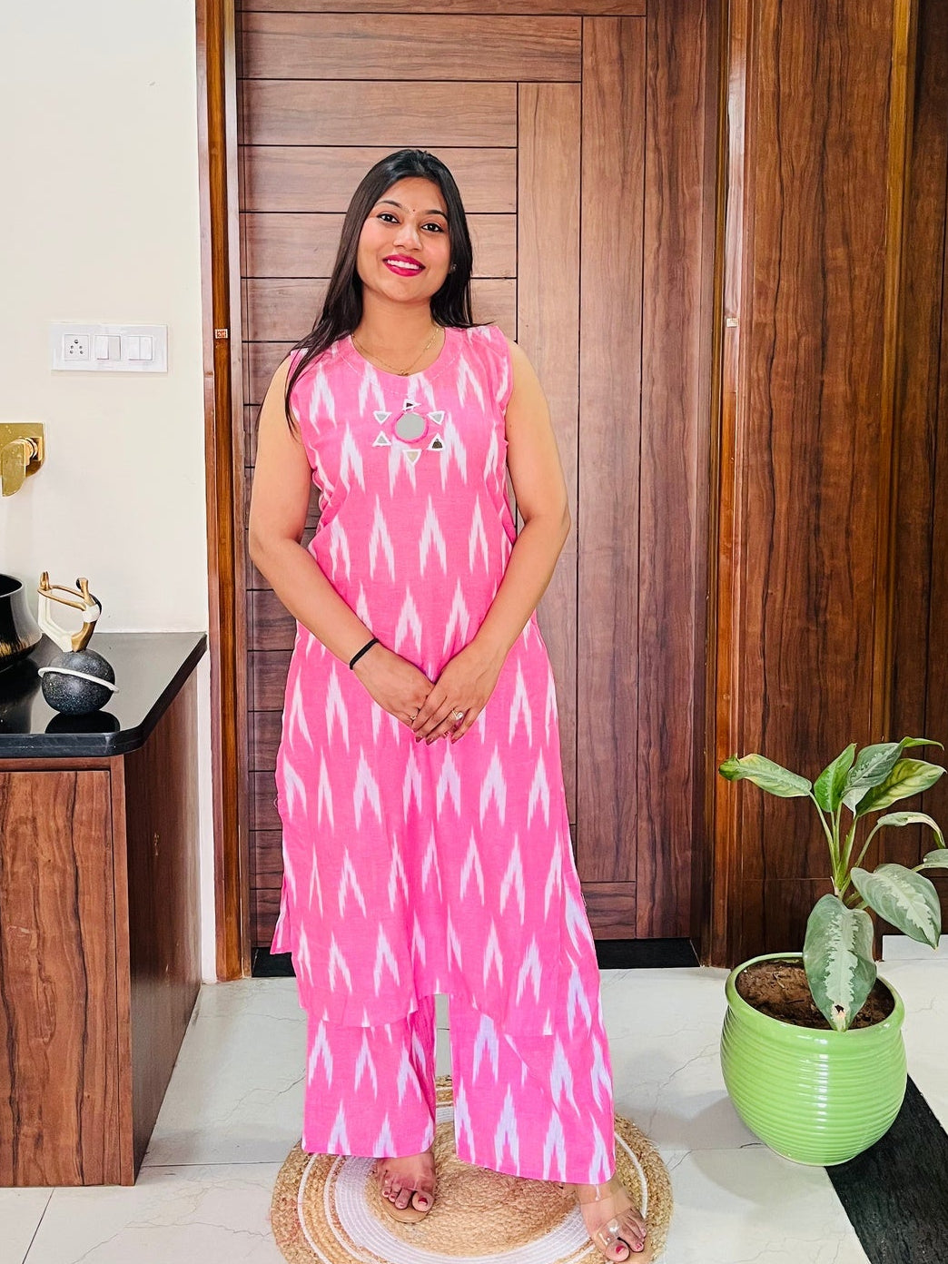 Pink Ikkat Print Kurta-Plazzo Set