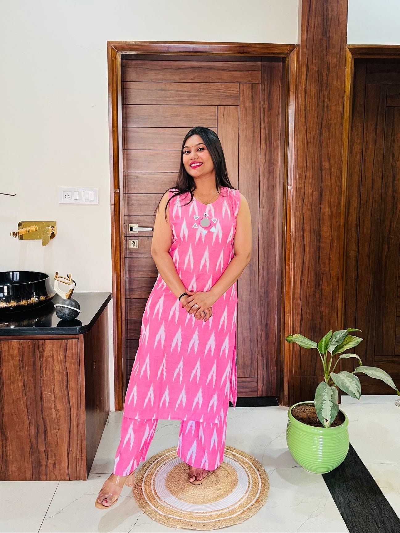 Pink Ikkat Print Kurta-Plazzo Set