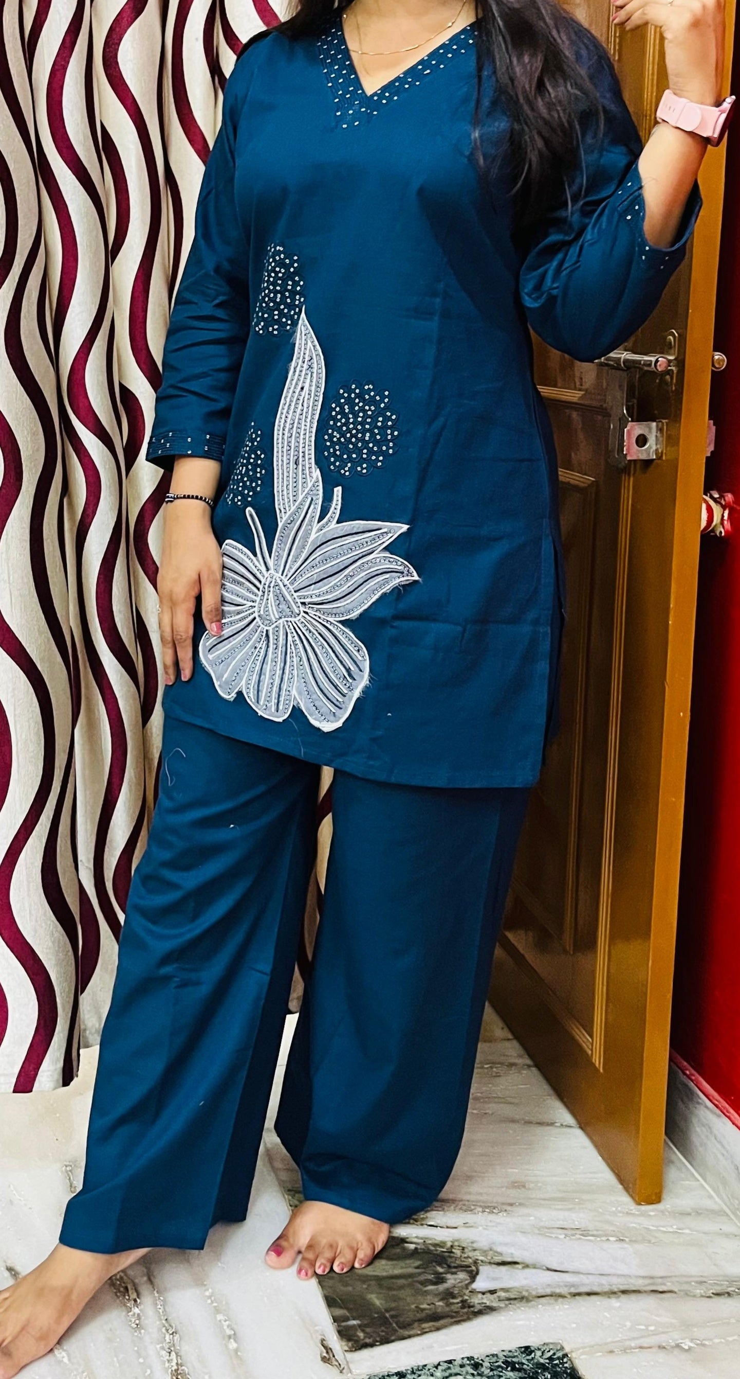 Teal Blue Cotton Embroidered and Appliqué Co-ord Set