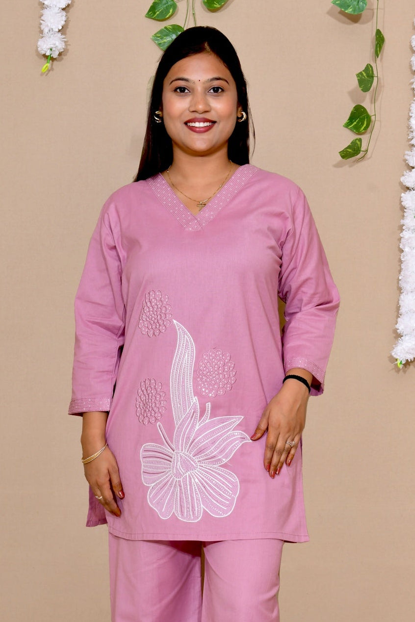 Mauve Pink Embroidered and Appliqué Co-ord Set