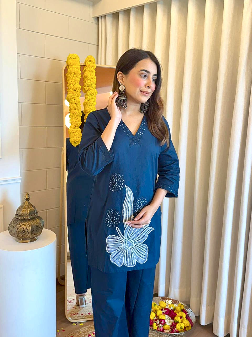 Teal Blue Cotton Embroidered and Appliqué Co-ord Set