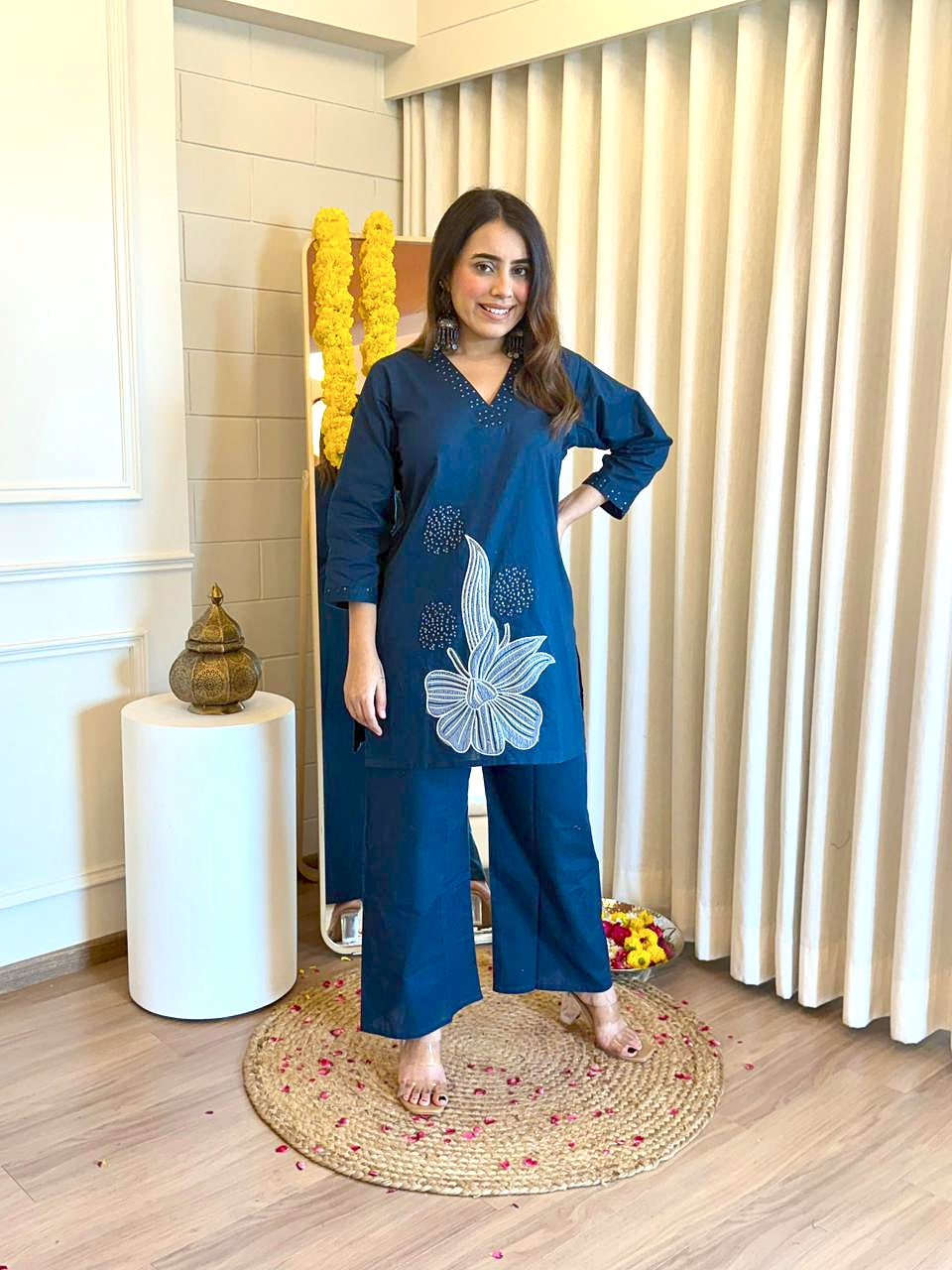 Teal Blue Cotton Embroidered and Appliqué Co-ord Set