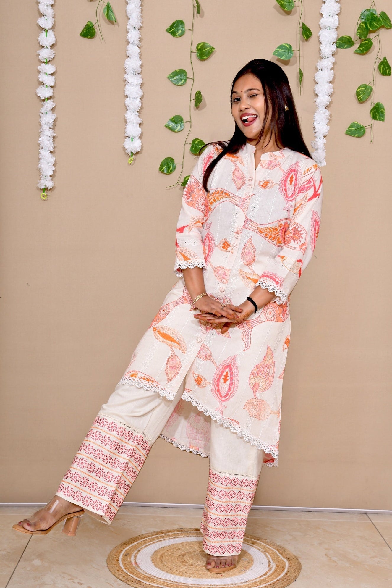 Elegant Off-White Shiffli Embroidered Kuta Set