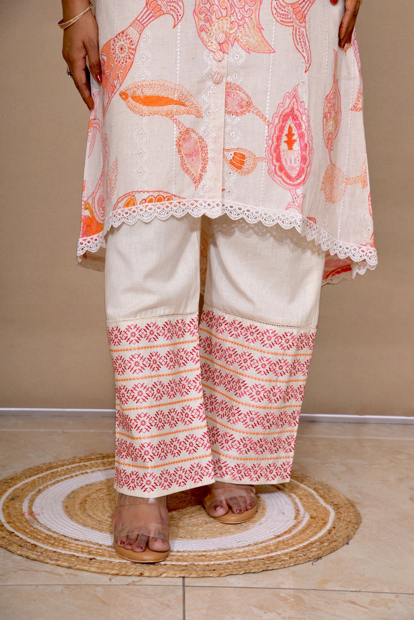 Elegant Off-White Shiffli Embroidered Kuta Set