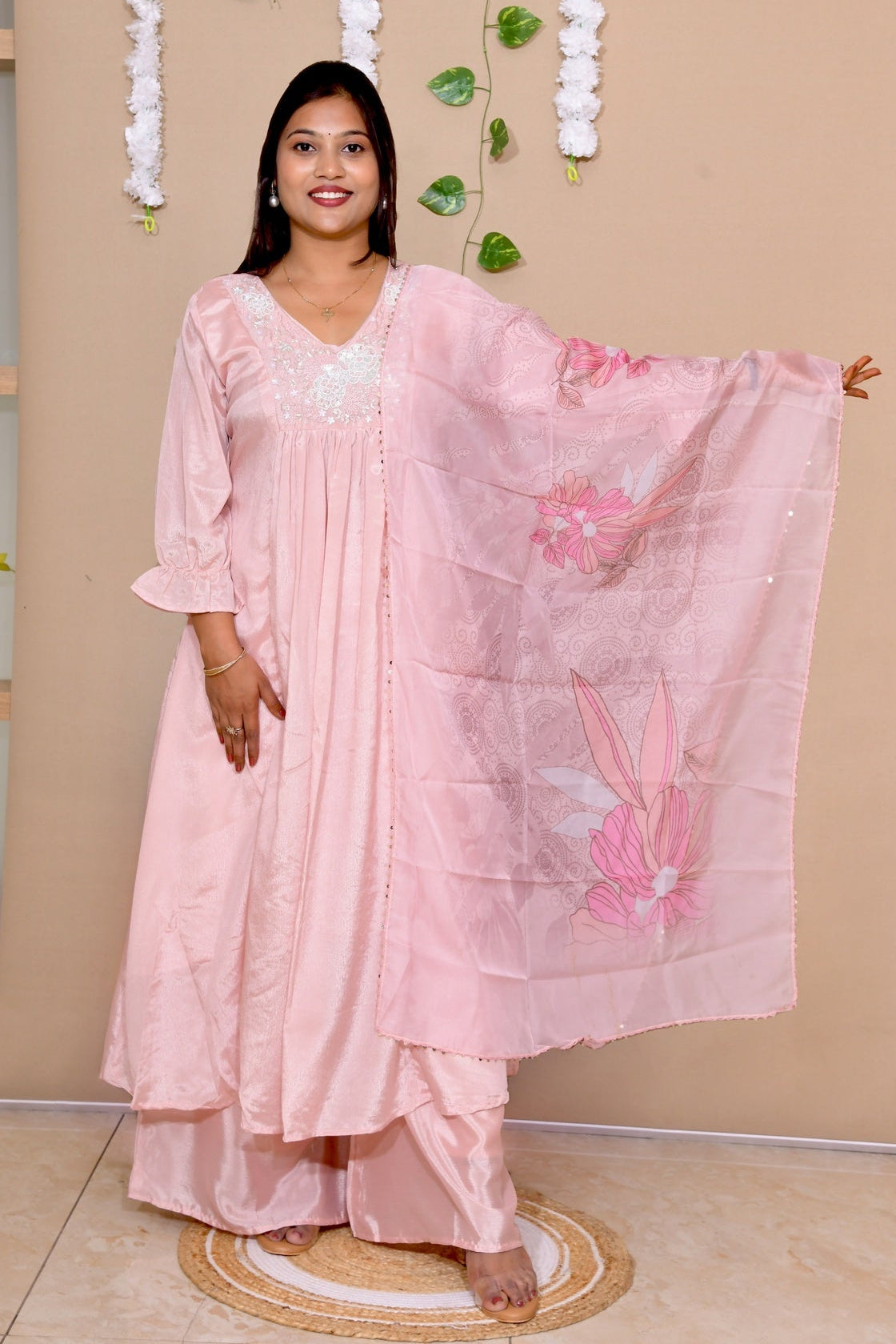 Peach Pink Crepe-chinon A-line Suit Set