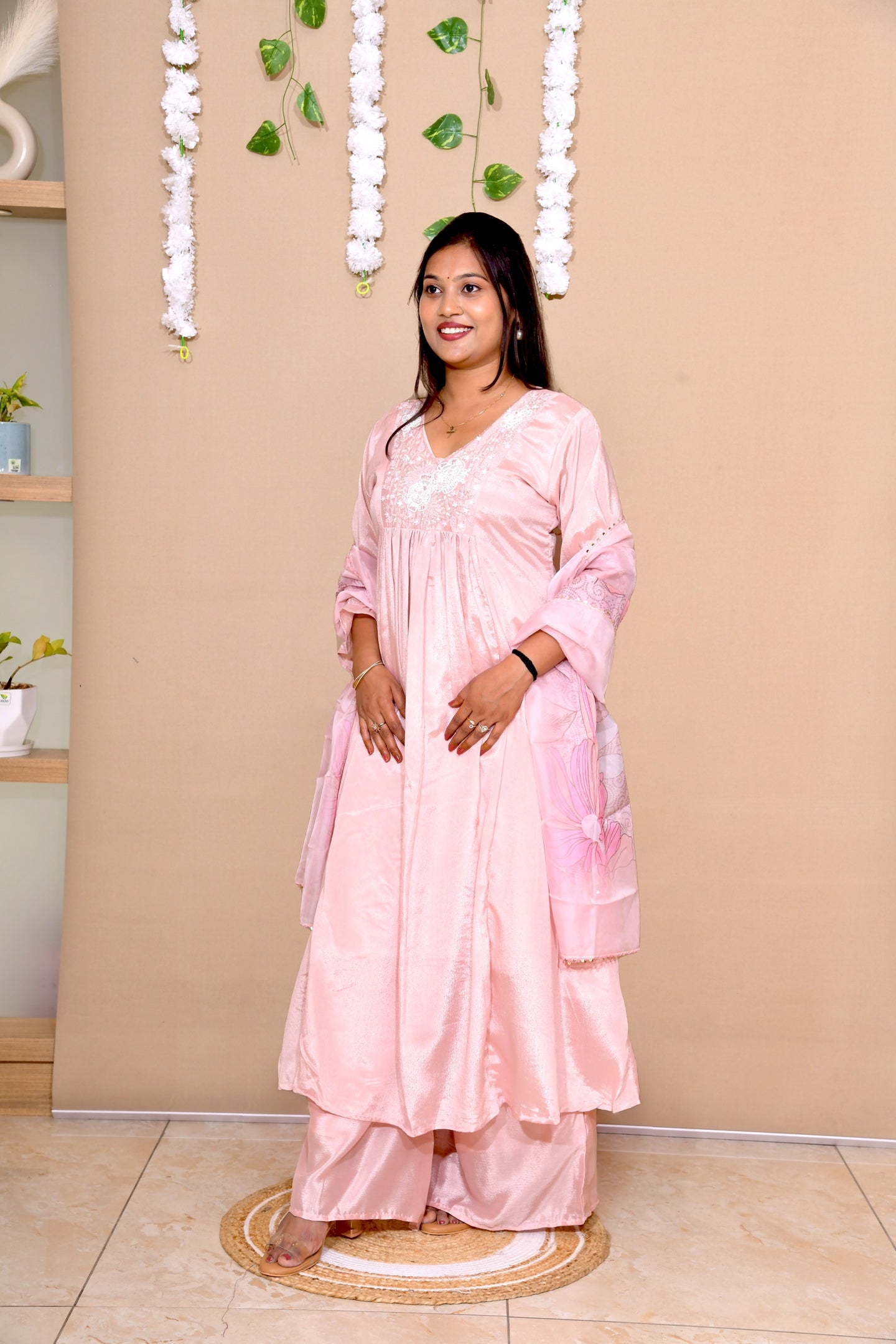 Peach Pink Crepe-chinon A-line Suit Set