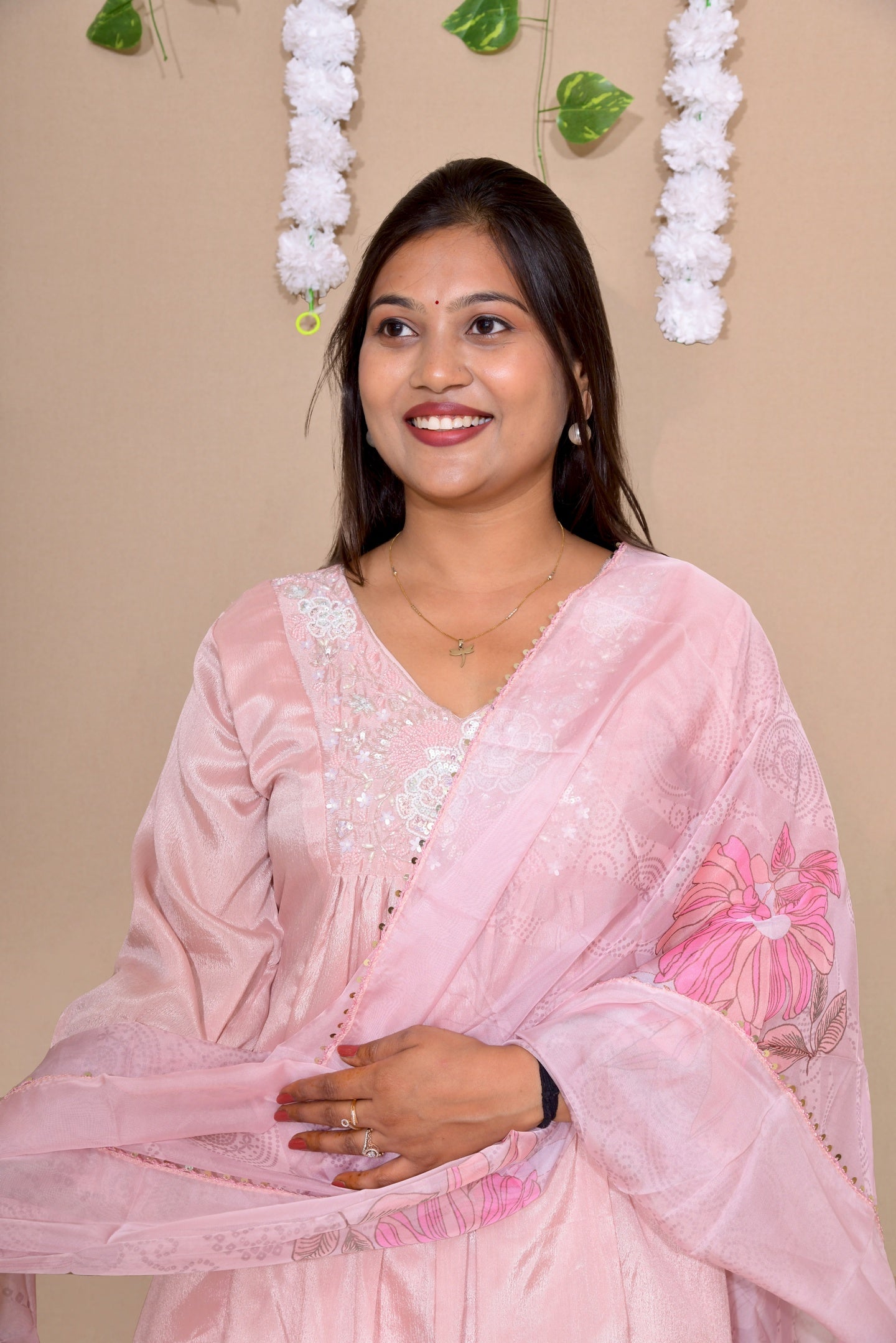 Peach Pink Crepe-chinon A-line Suit Set