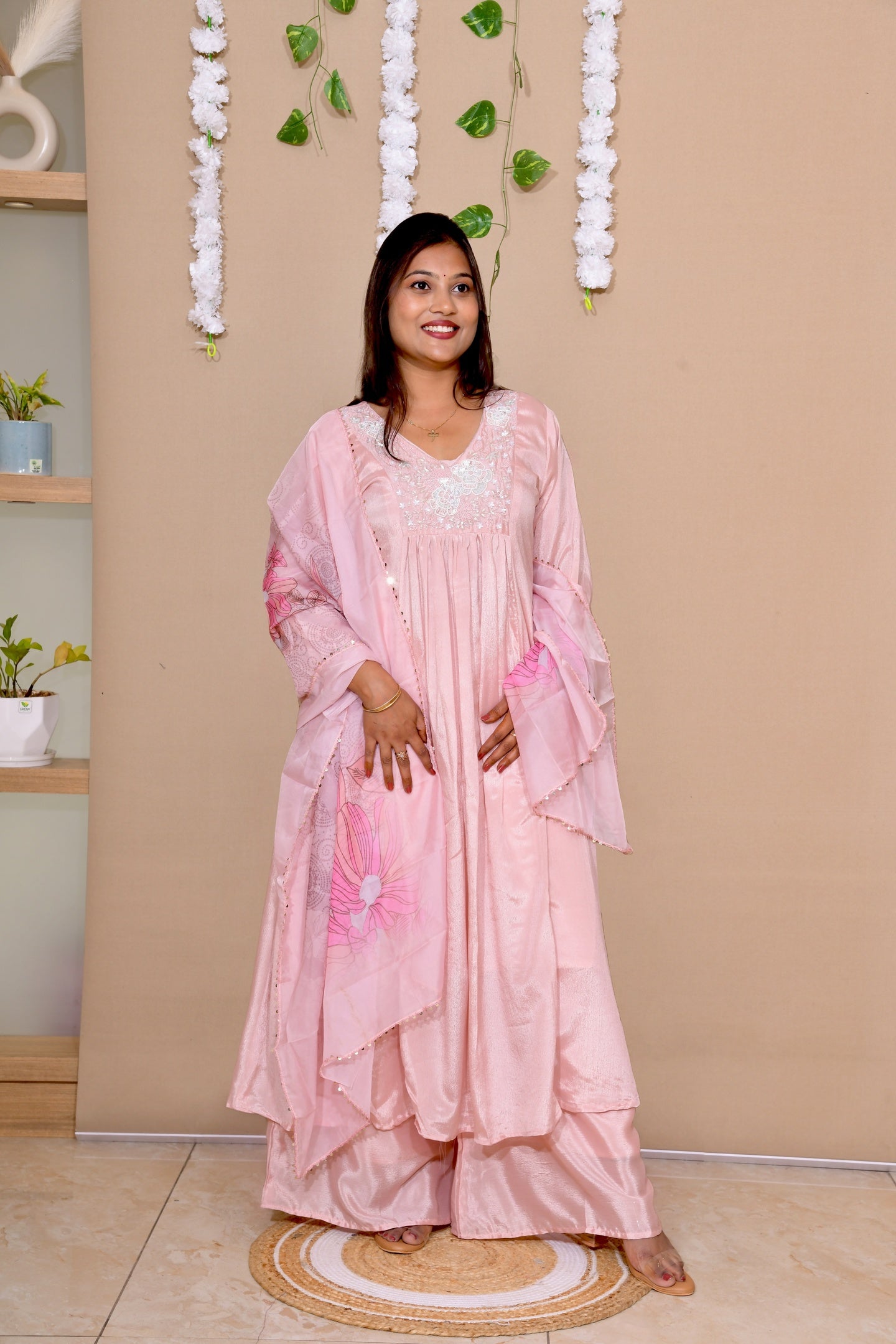 Peach Pink Crepe-chinon A-line Suit Set