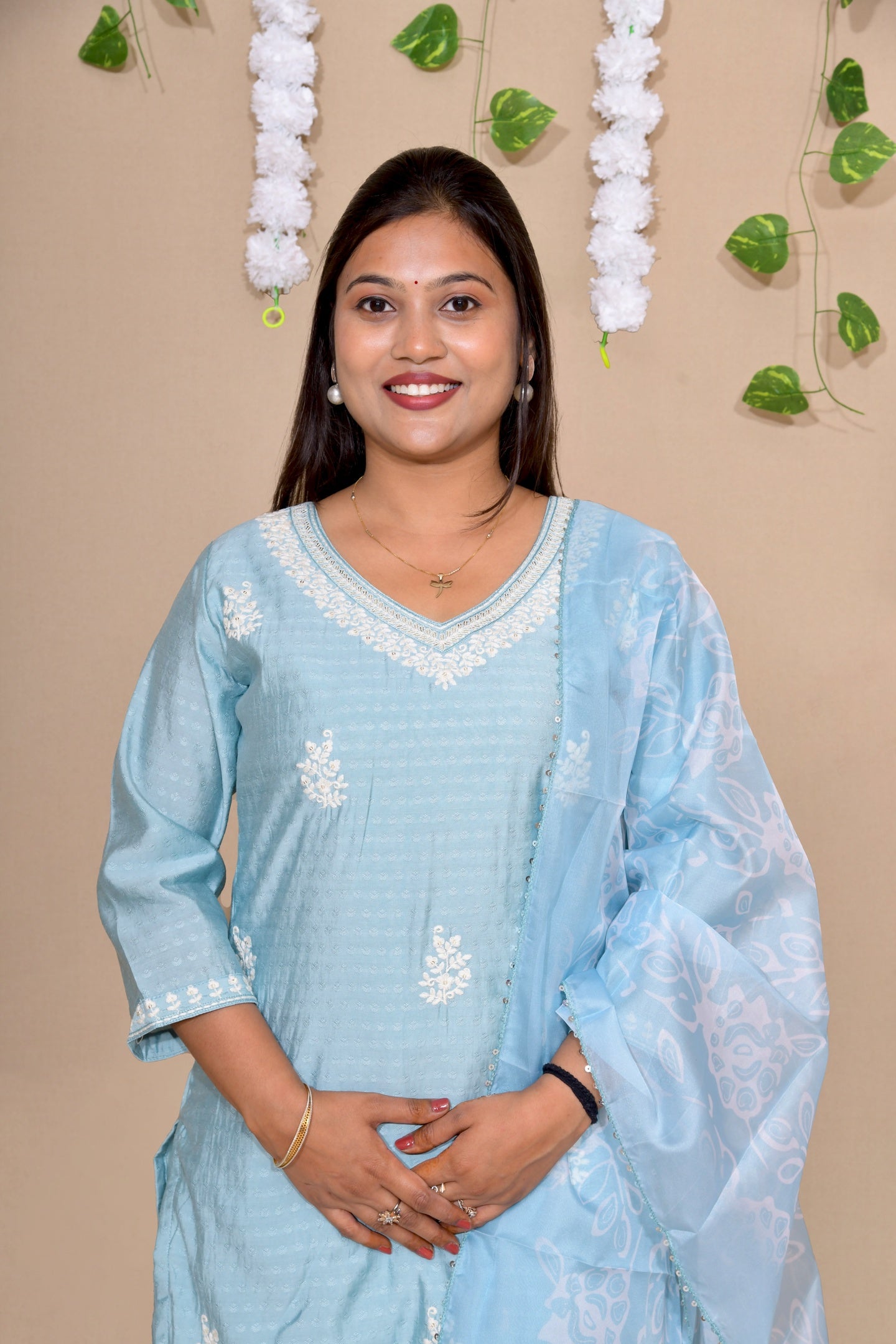 Aqua Mist Embroidered Cotton Suit Set with Soft Organza Dupatta