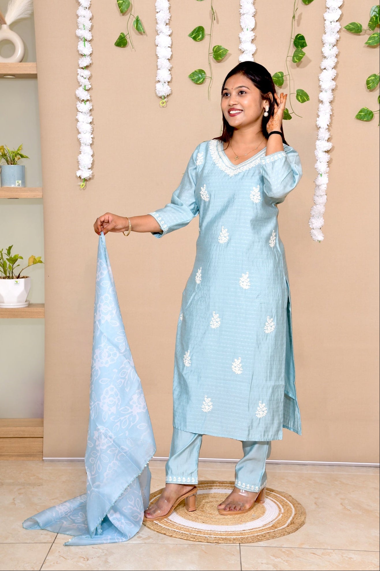 Aqua Mist Embroidered Cotton Suit Set with Soft Organza Dupatta